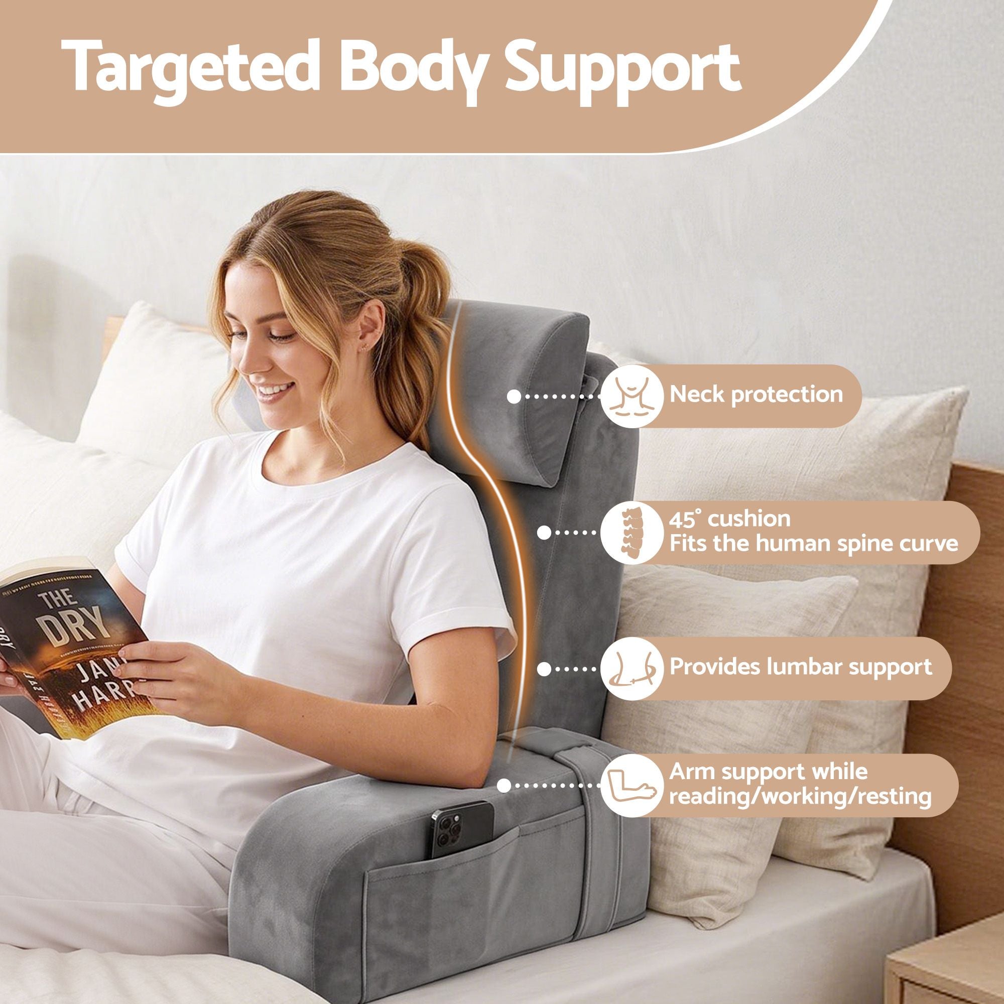 Reading Pillow For Bed With Non-Sag Solid Memory Foam, Back Pillow For Bed Sitting Up Gaming, Adjustable Neck Roll Detachable Arms And 210gsm Velvet Washable Cover