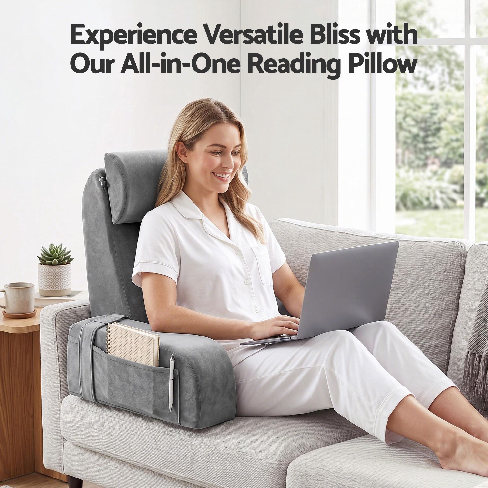 Reading Pillow For Bed With Non-Sag Solid Memory Foam, Back Pillow For Bed Sitting Up Gaming, Adjustable Neck Roll Detachable Arms And 210gsm Velvet Washable Cover