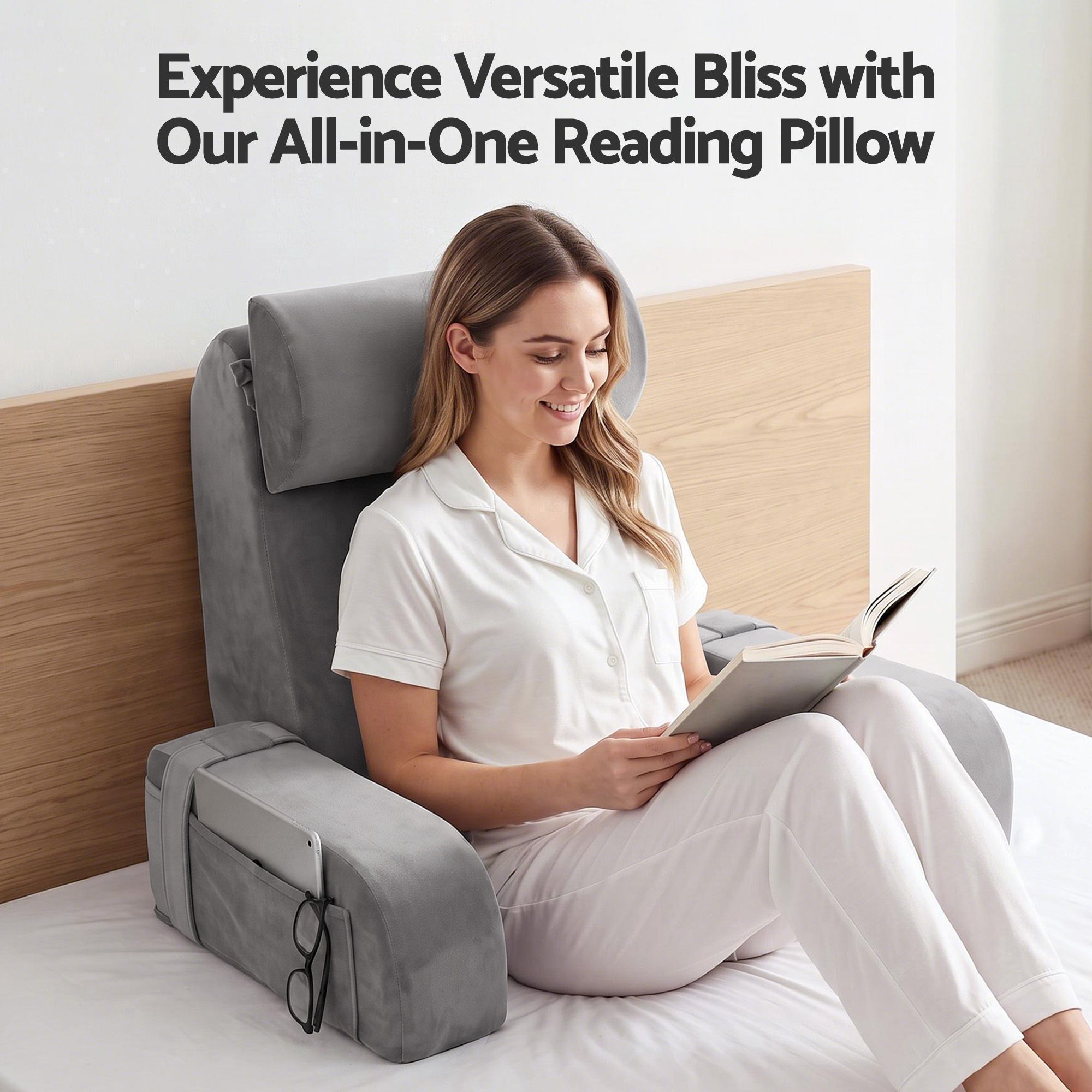 Reading Pillow For Bed With Non-Sag Solid Memory Foam, Back Pillow For Bed Sitting Up Gaming, Adjustable Neck Roll Detachable Arms And 210gsm Velvet Washable Cover