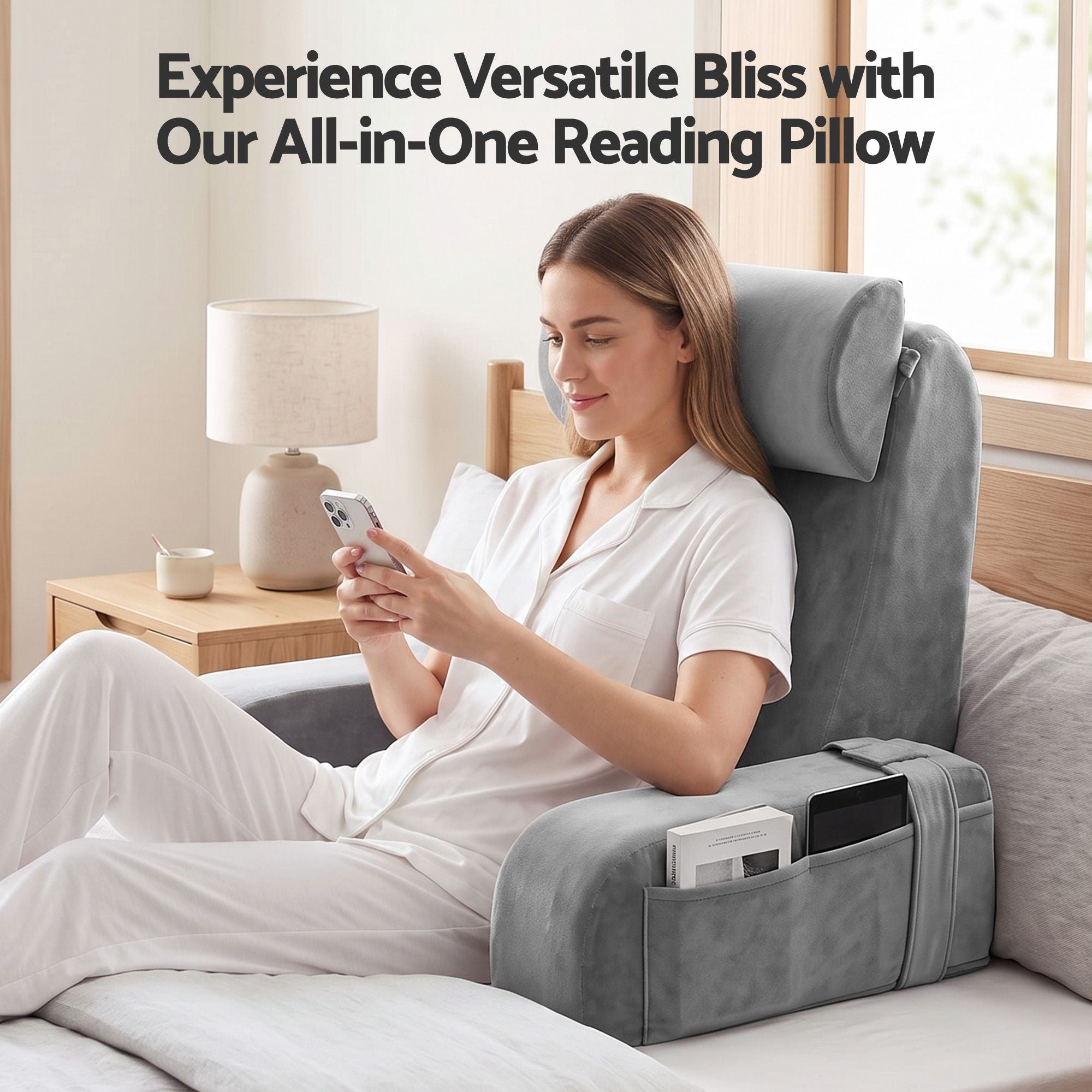 Reading Pillow For Bed With Non-Sag Solid Memory Foam, Back Pillow For Bed Sitting Up Gaming, Adjustable Neck Roll Detachable Arms And 210gsm Velvet Washable Cover