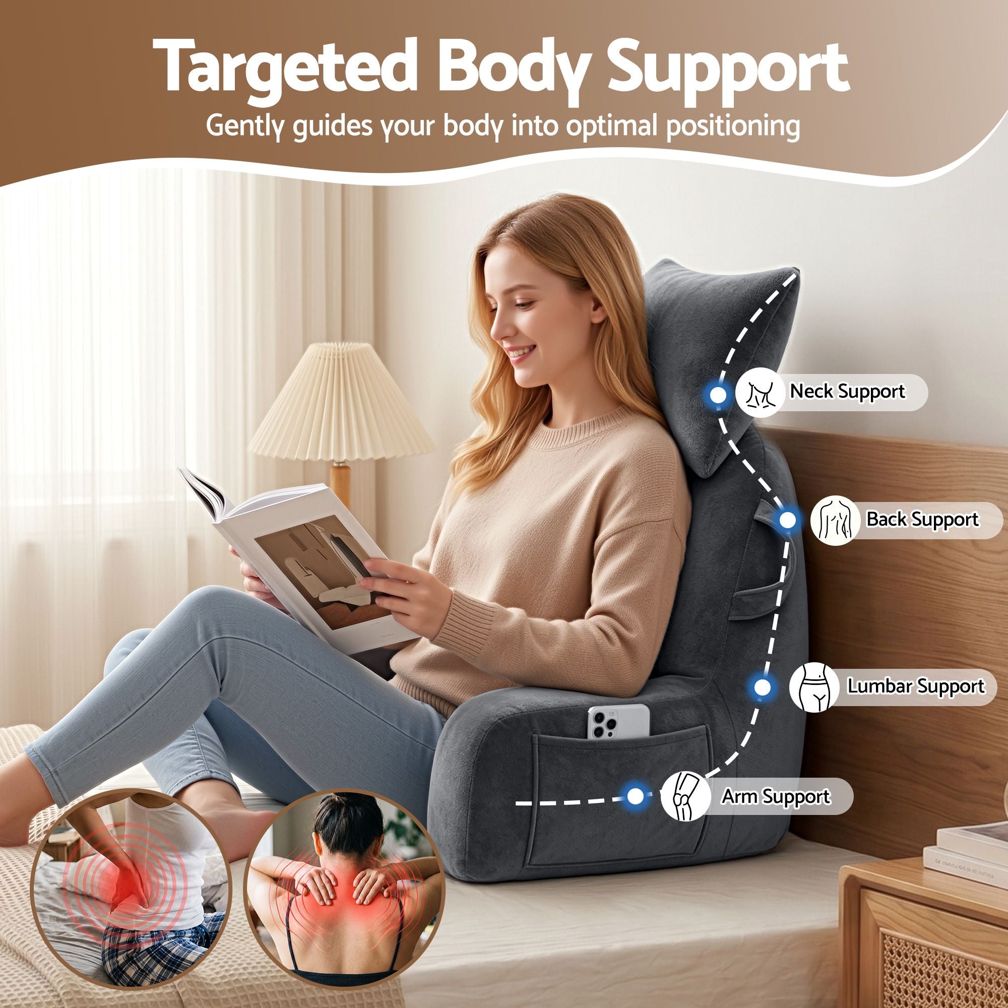 Reading Pillow with Detachable Neck Roll, Armrests, Side Pockets and Handle 100x27x60cm Back Support Pillow for Bed - Gray
