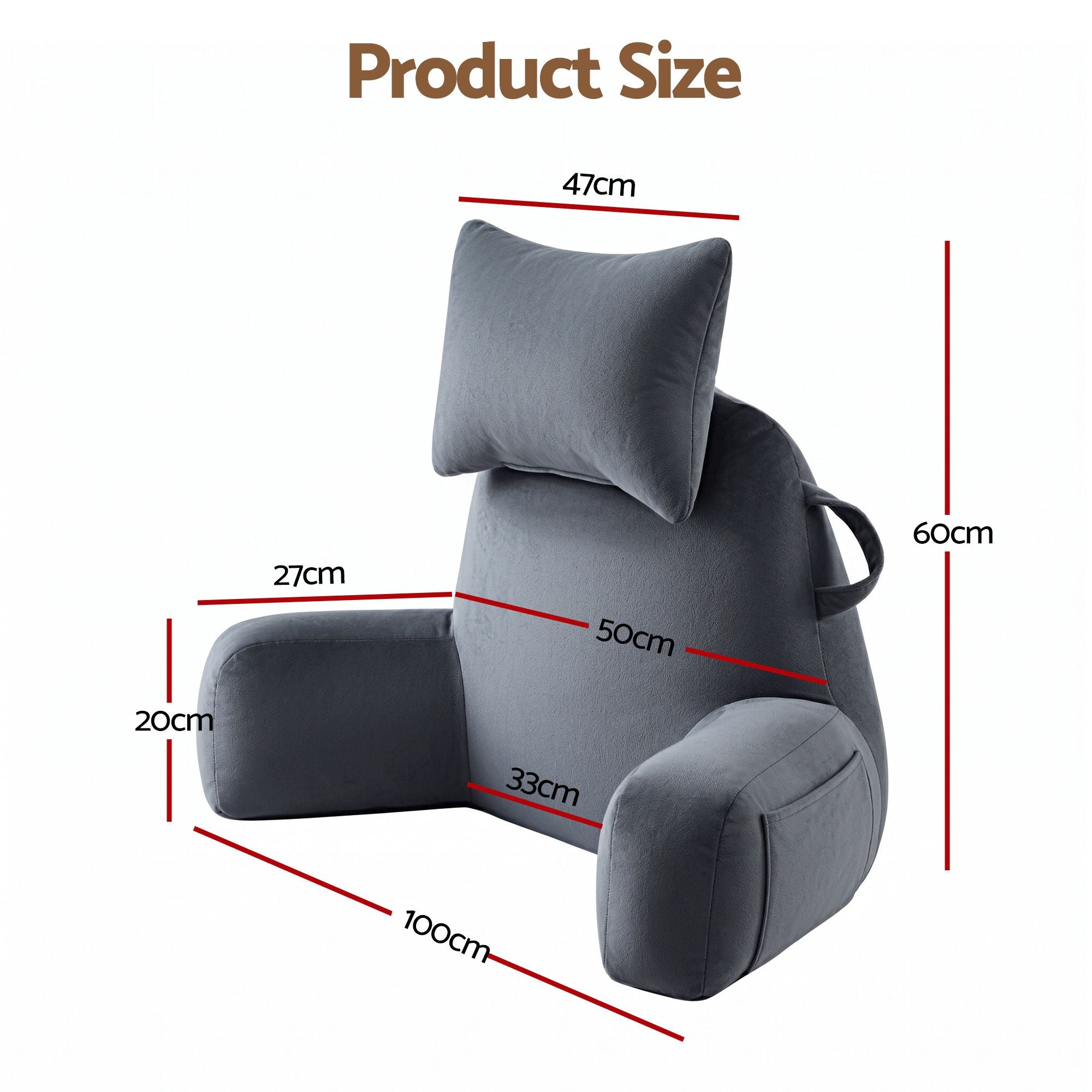 Reading Pillow with Detachable Neck Roll, Armrests, Side Pockets and Handle 100x27x60cm Back Support Pillow for Bed - Gray