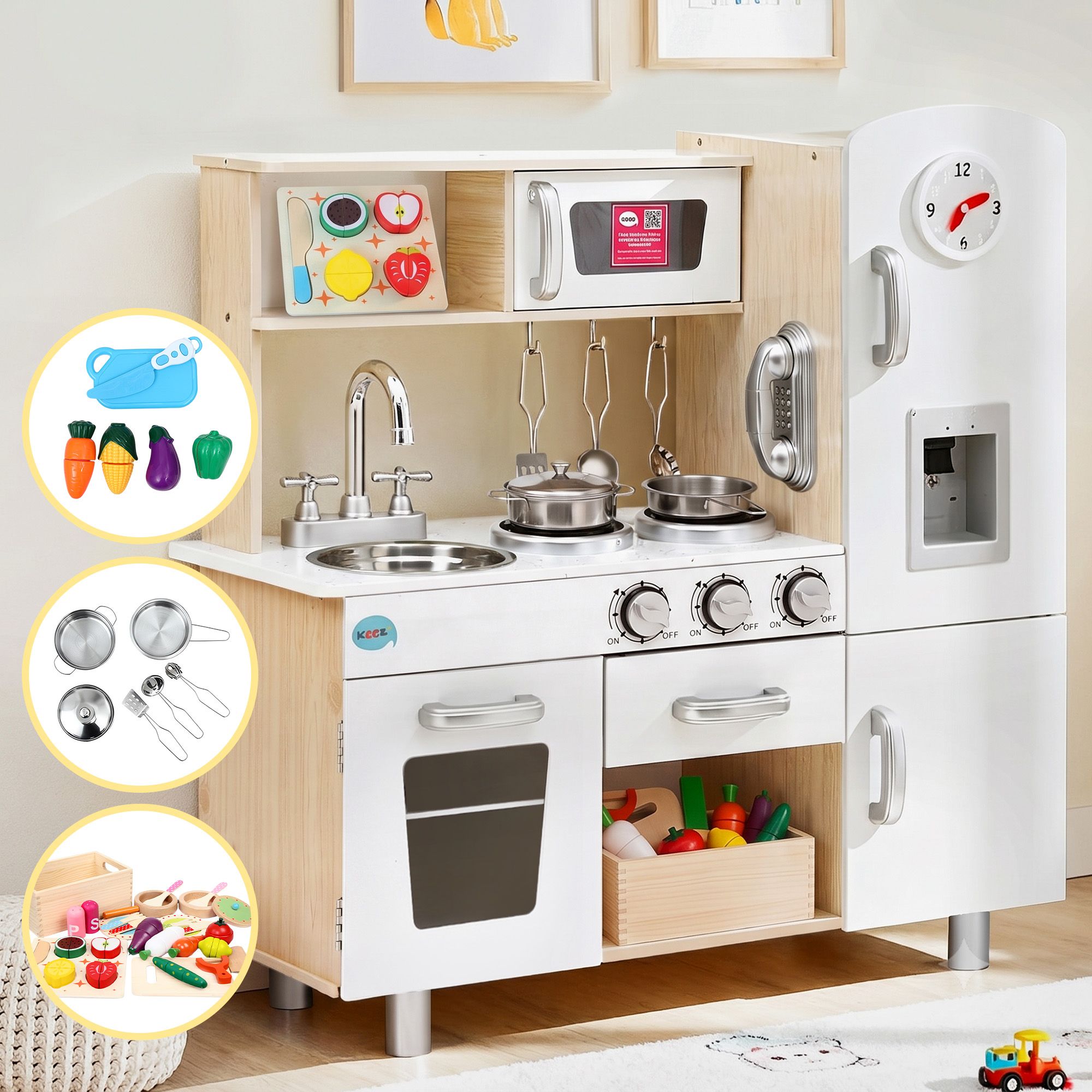Keezi Kids Wooden Pretend Kitchen Playset with 29-Piece Cutting Food Set - White and Natural