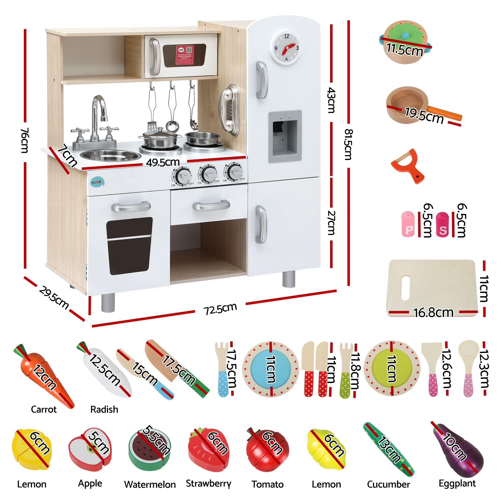 Keezi Kids Wooden Pretend Kitchen Playset with 29-Piece Cutting Food Set - White and Natural