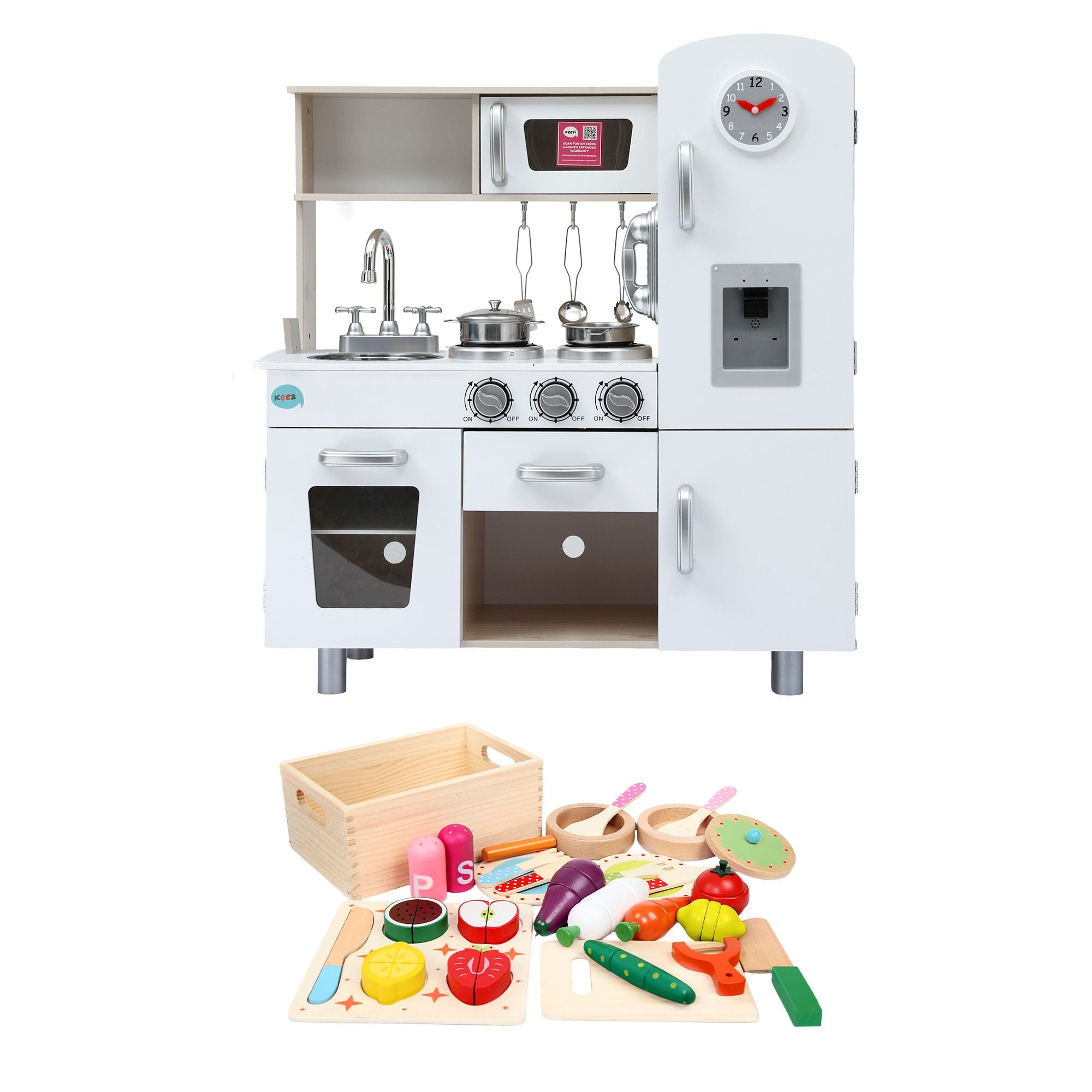 Keezi Kids Wooden Pretend Kitchen Playset with 29-Piece Cutting Food Set - White and Natural