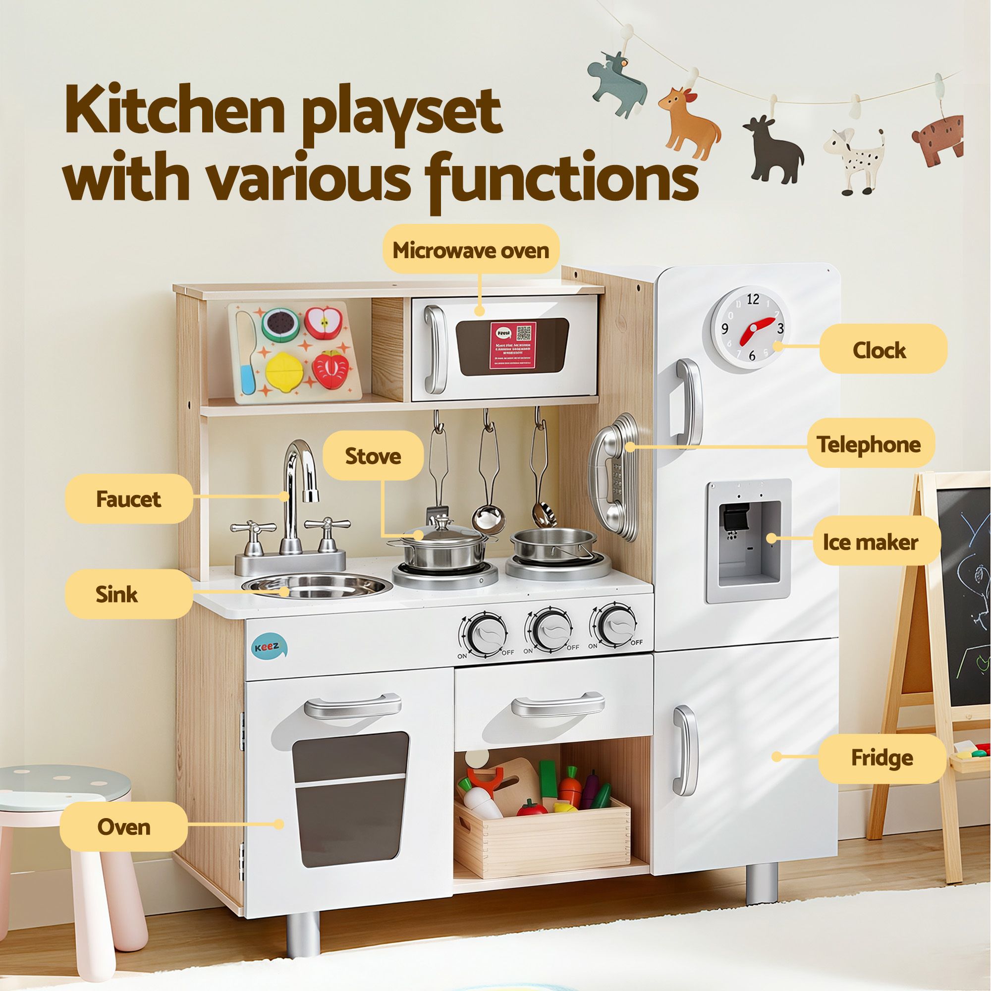 Keezi Kids Wooden Pretend Kitchen Playset with 29-Piece Cutting Food Set - White and Natural