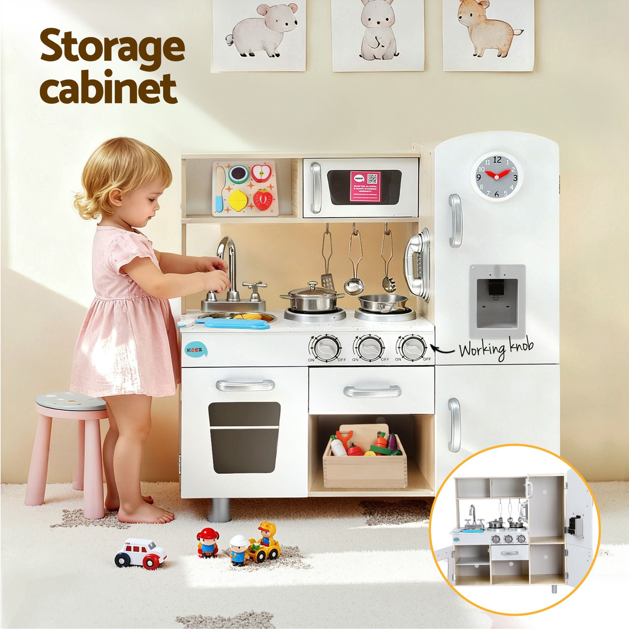 Keezi Kids Wooden Pretend Kitchen Playset with 29-Piece Cutting Food Set - White and Natural