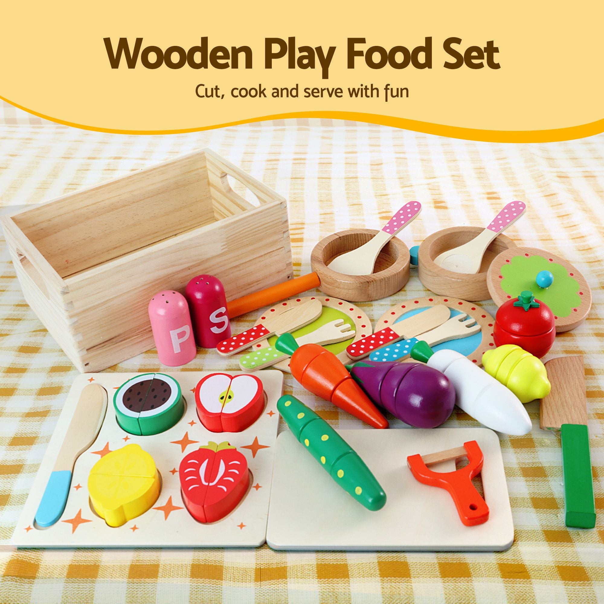 Keezi Kids Wooden Pretend Kitchen Playset with 29-Piece Cutting Food Set - White and Natural