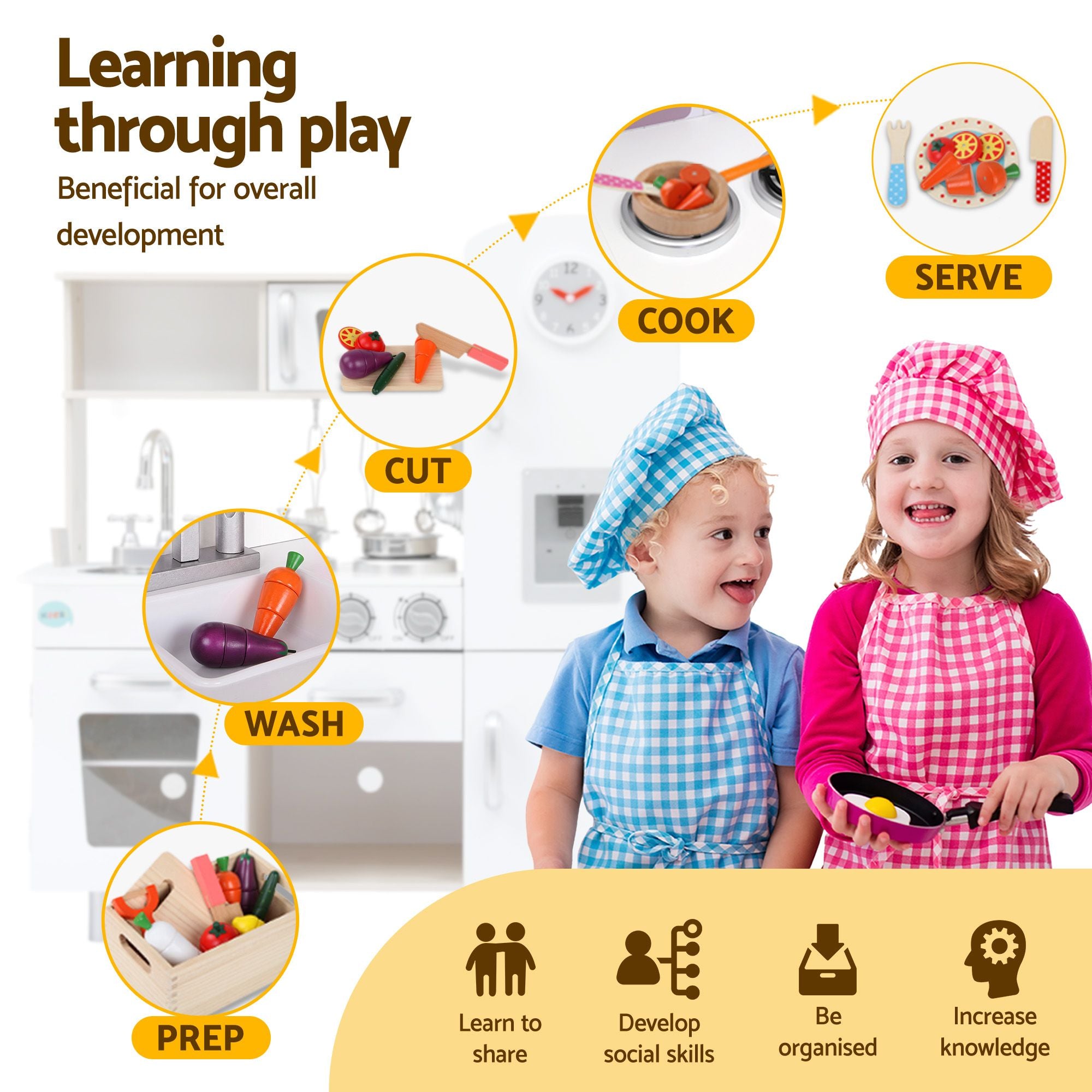 Keezi Kids Wooden Pretend Kitchen Playset with 29-Piece Cutting Food Set - White and Natural