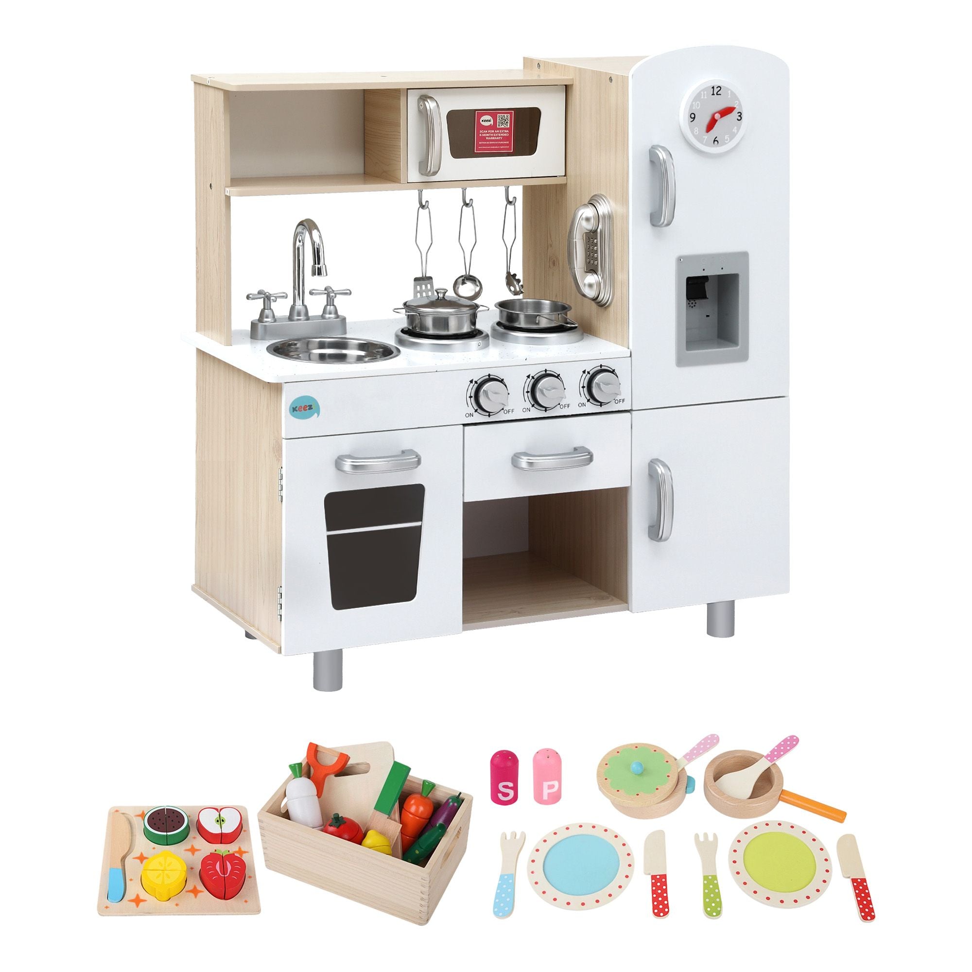 Keezi Kids Wooden Pretend Kitchen Playset with 29-Piece Cutting Food Set - White and Natural