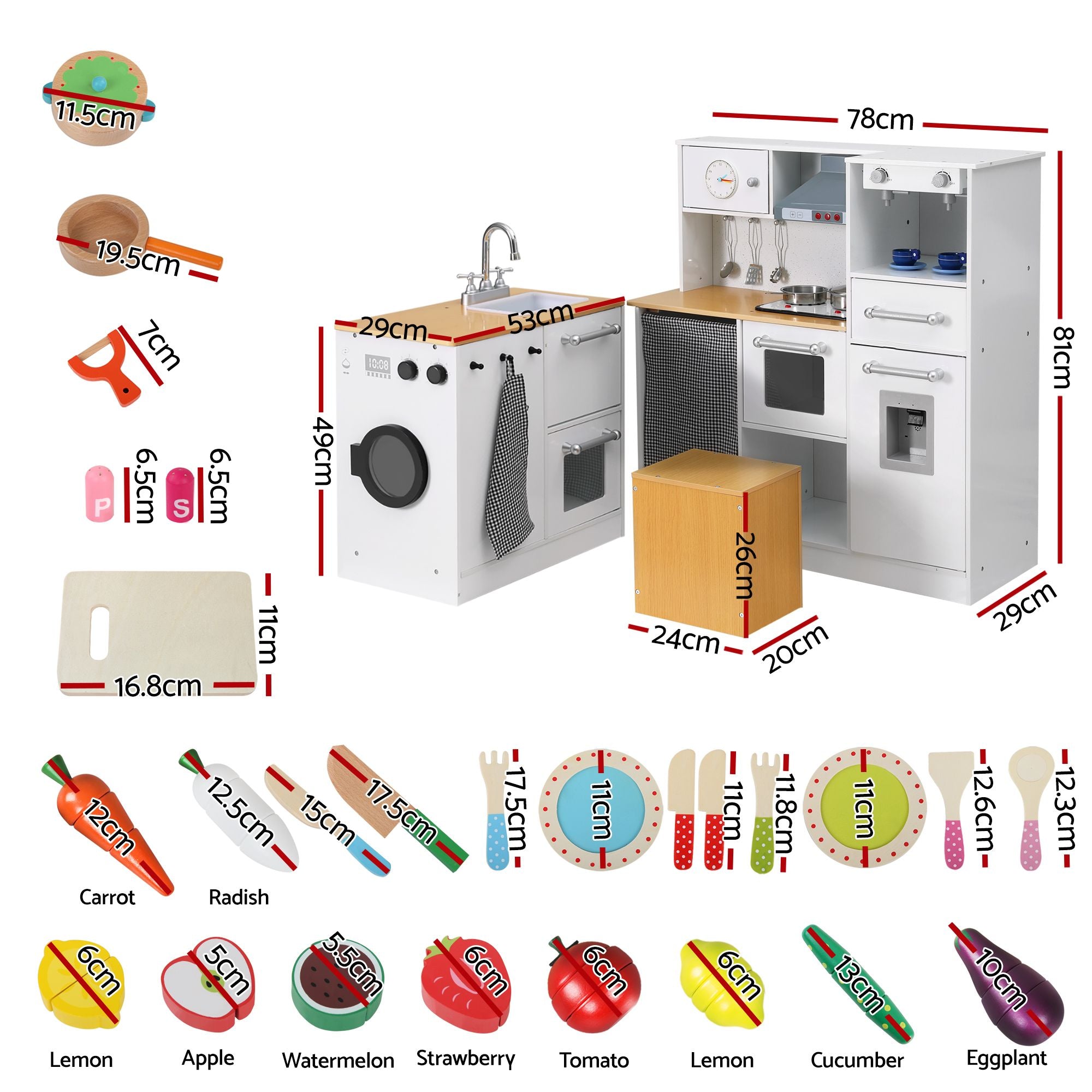 Kids Wooden Kitchen Playset 2-Piece with 29-Piece Food Set - Natural White