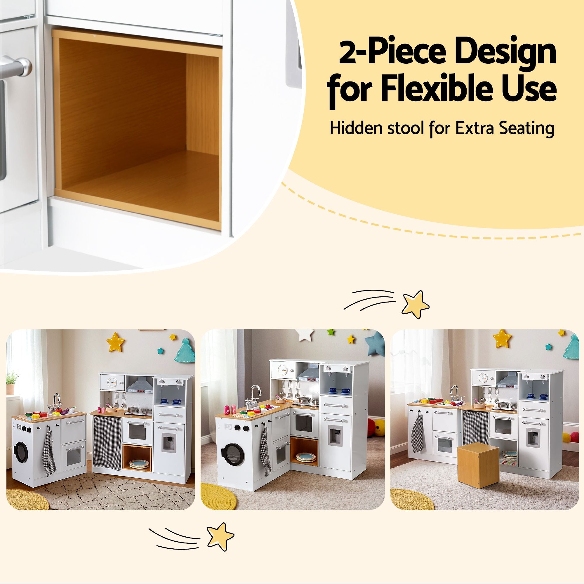 Kids Wooden Kitchen Playset 2-Piece with 29-Piece Food Set - Natural White
