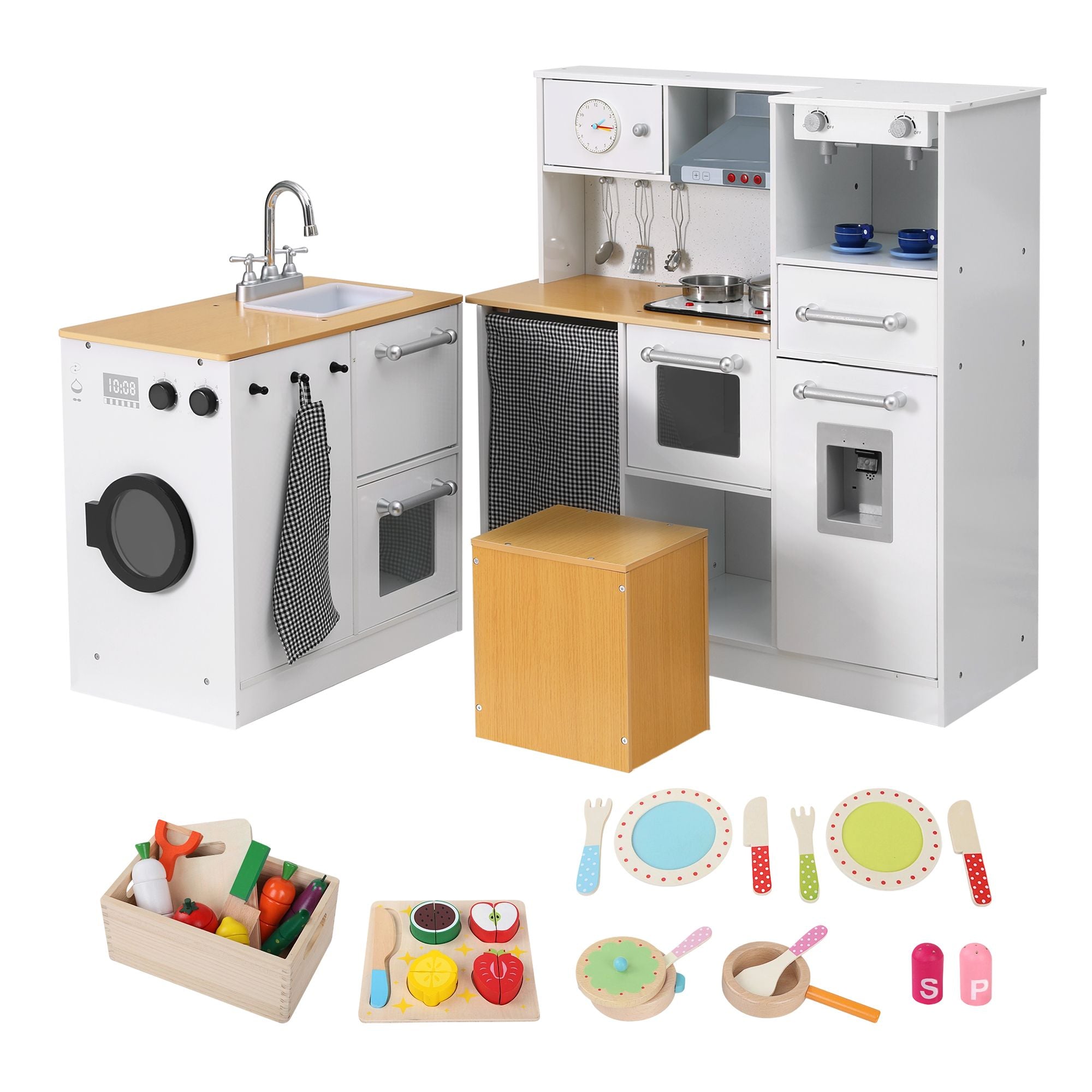 Kids Wooden Kitchen Playset 2-Piece with 29-Piece Food Set - Natural White