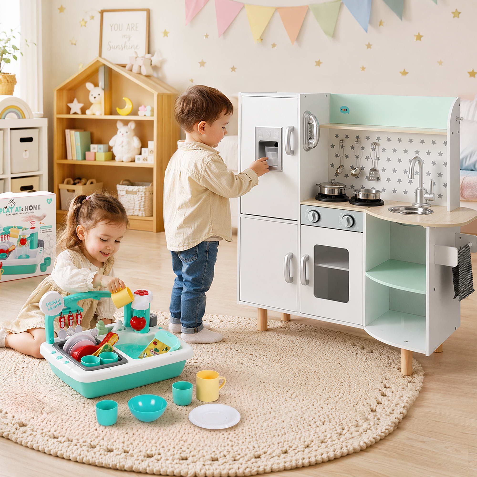 Kid Pretend Kitchen Wooden Play Sink Playset Dishwasher Toys Green
