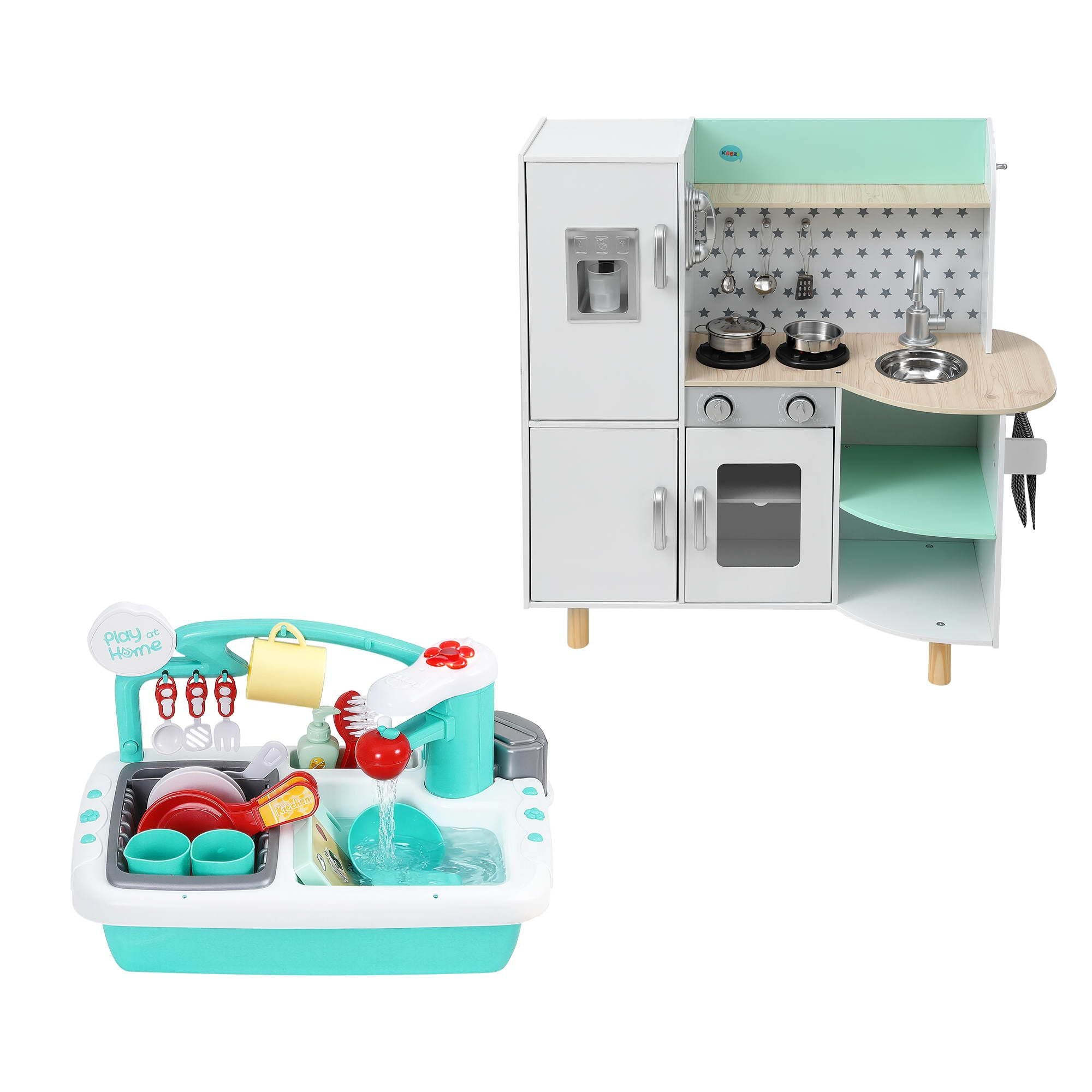 Kid Pretend Kitchen Wooden Play Sink Playset Dishwasher Toys Green