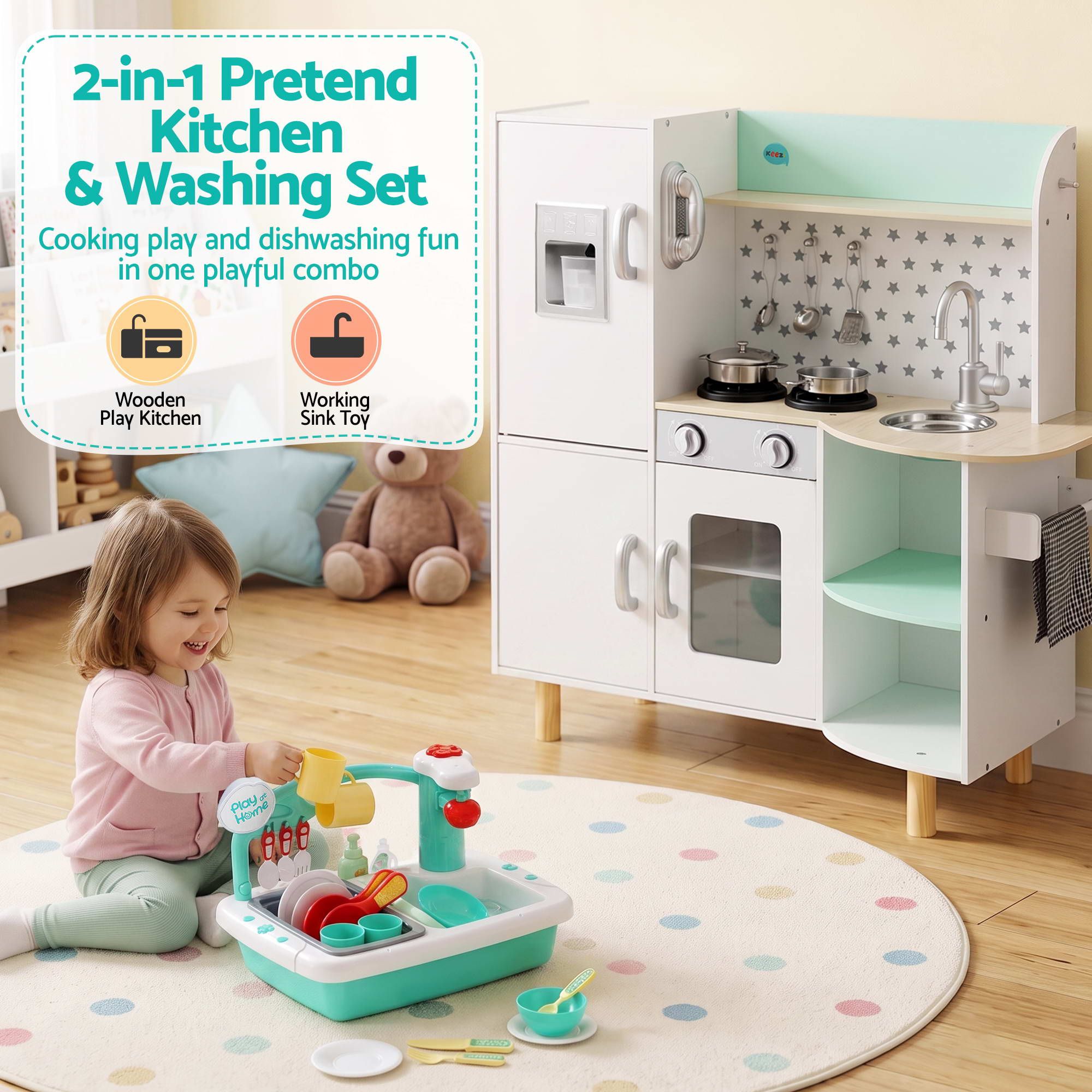 Kid Pretend Kitchen Wooden Play Sink Playset Dishwasher Toys Green
