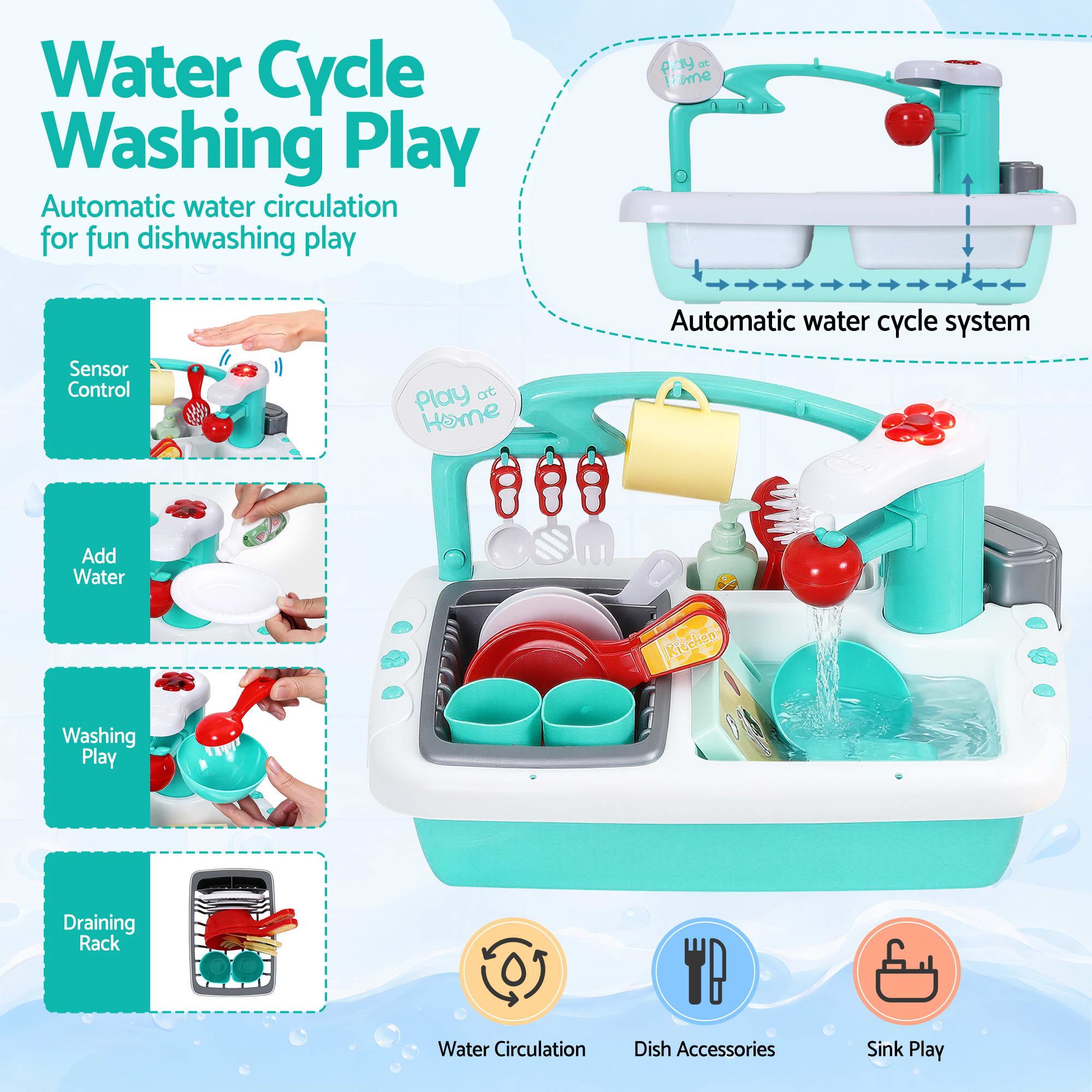 Kid Pretend Kitchen Wooden Play Sink Playset Dishwasher Toys Green