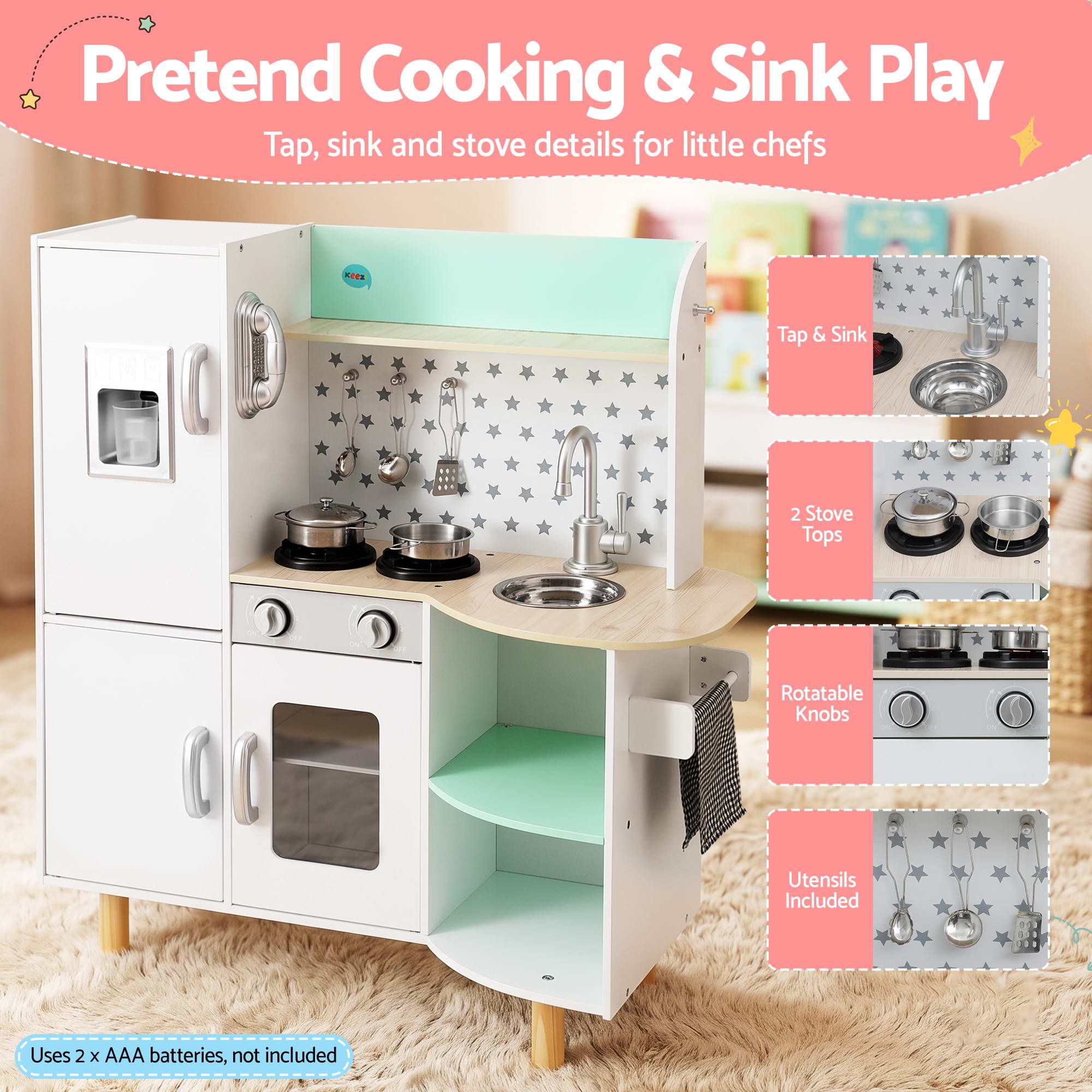 Kid Pretend Kitchen Wooden Play Sink Playset Dishwasher Toys Green