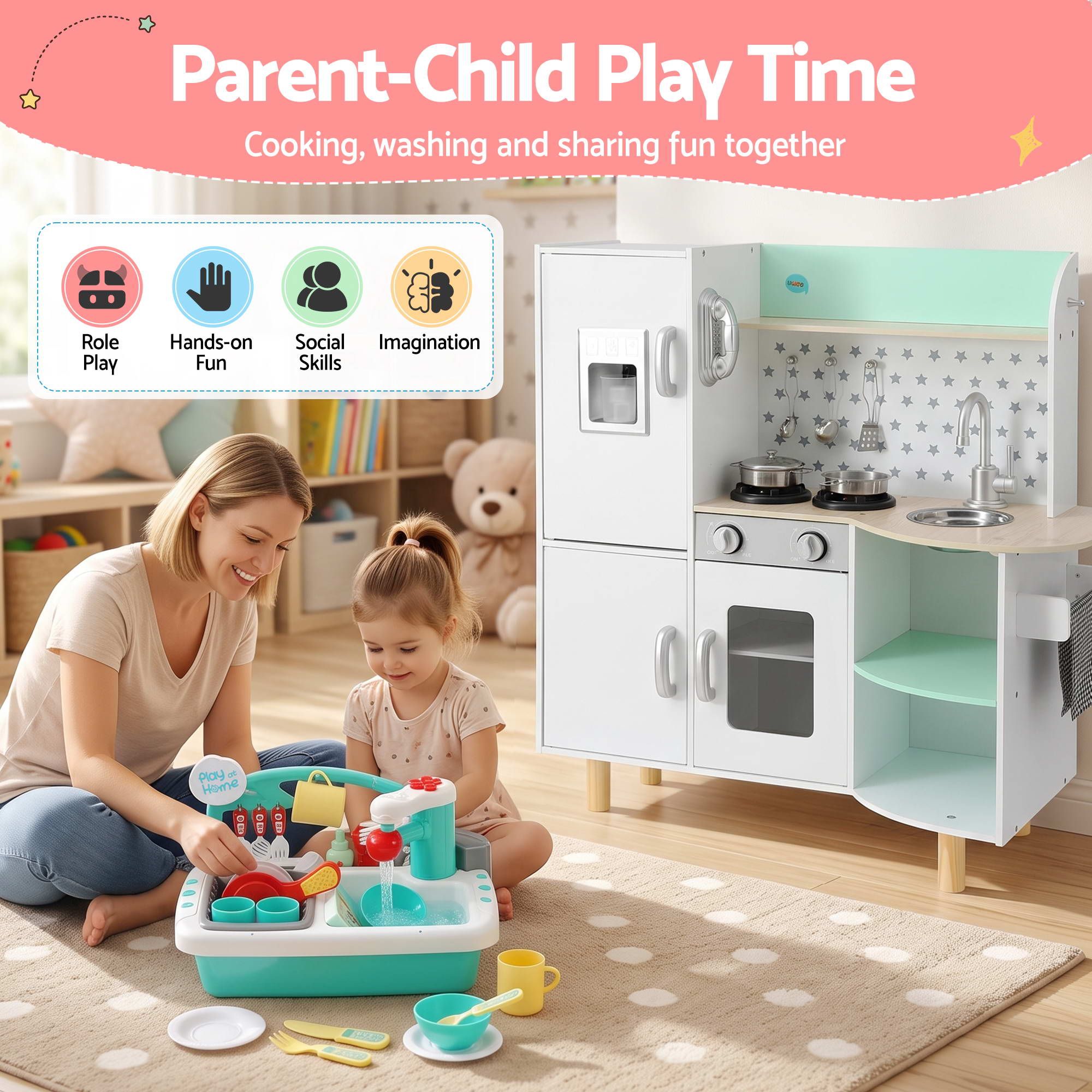 Kid Pretend Kitchen Wooden Play Sink Playset Dishwasher Toys Green