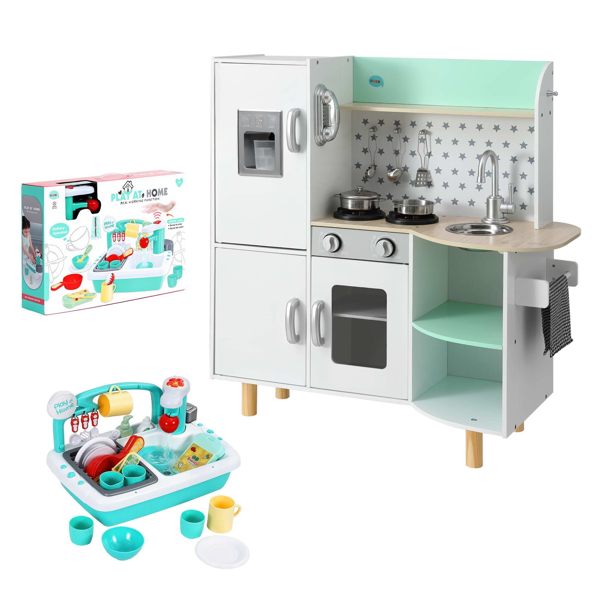 Kid Pretend Kitchen Wooden Play Sink Playset Dishwasher Toys Green