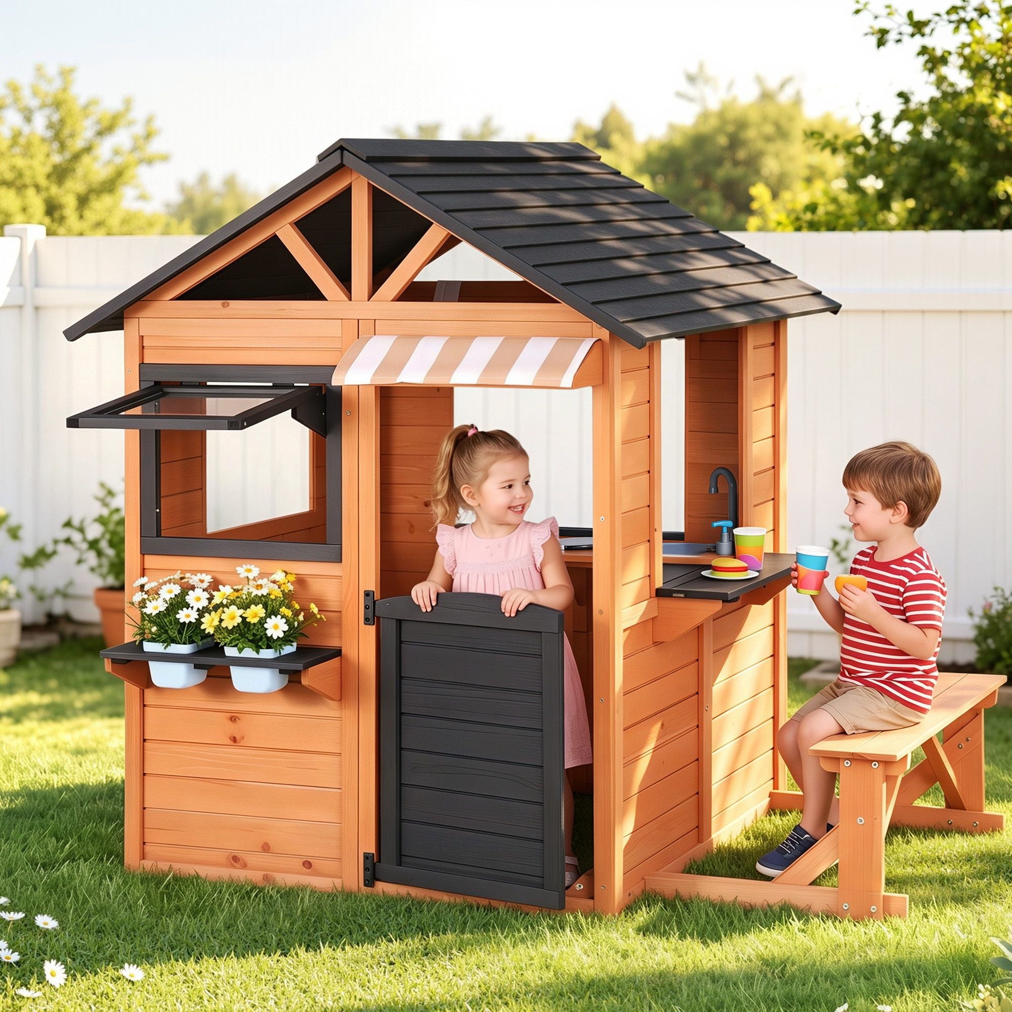 Kids Pretend Kitchen Wooden Cubby House Outdoor Playhouse Side Bench