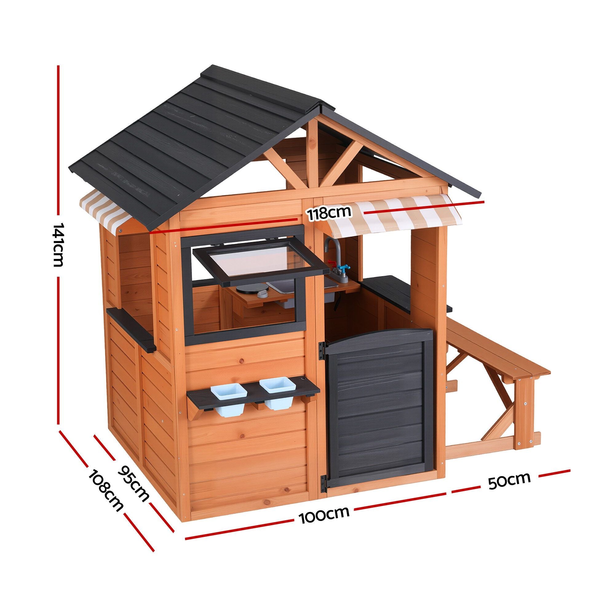 Kids Pretend Kitchen Wooden Cubby House Outdoor Playhouse Side Bench