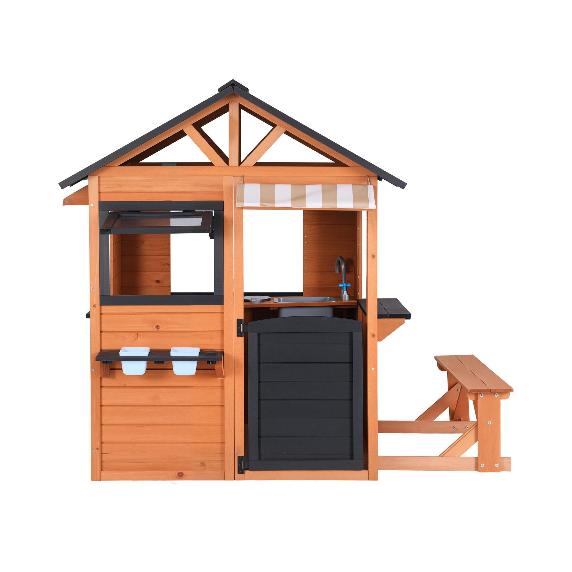 Kids Pretend Kitchen Wooden Cubby House Outdoor Playhouse Side Bench