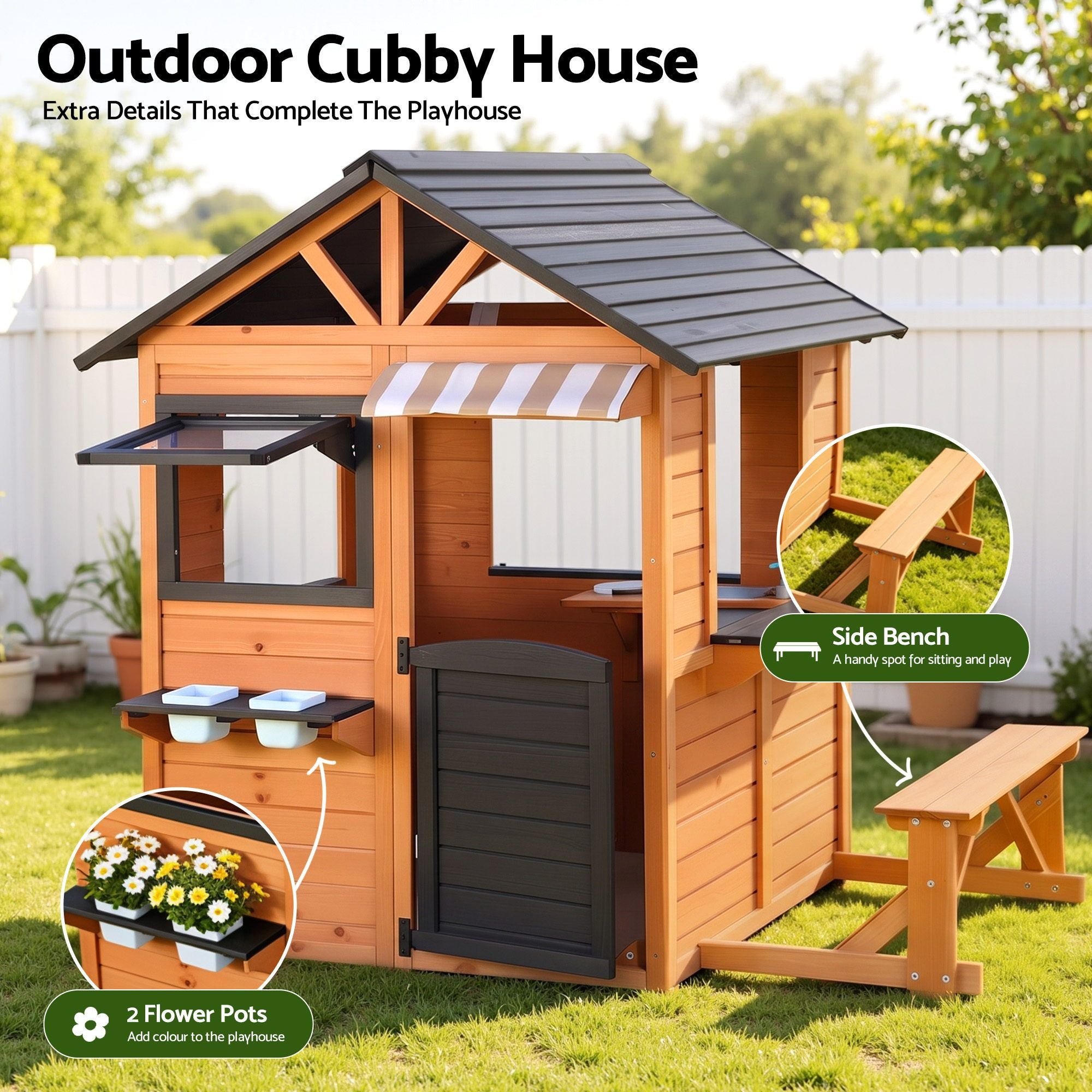 Kids Pretend Kitchen Wooden Cubby House Outdoor Playhouse Side Bench