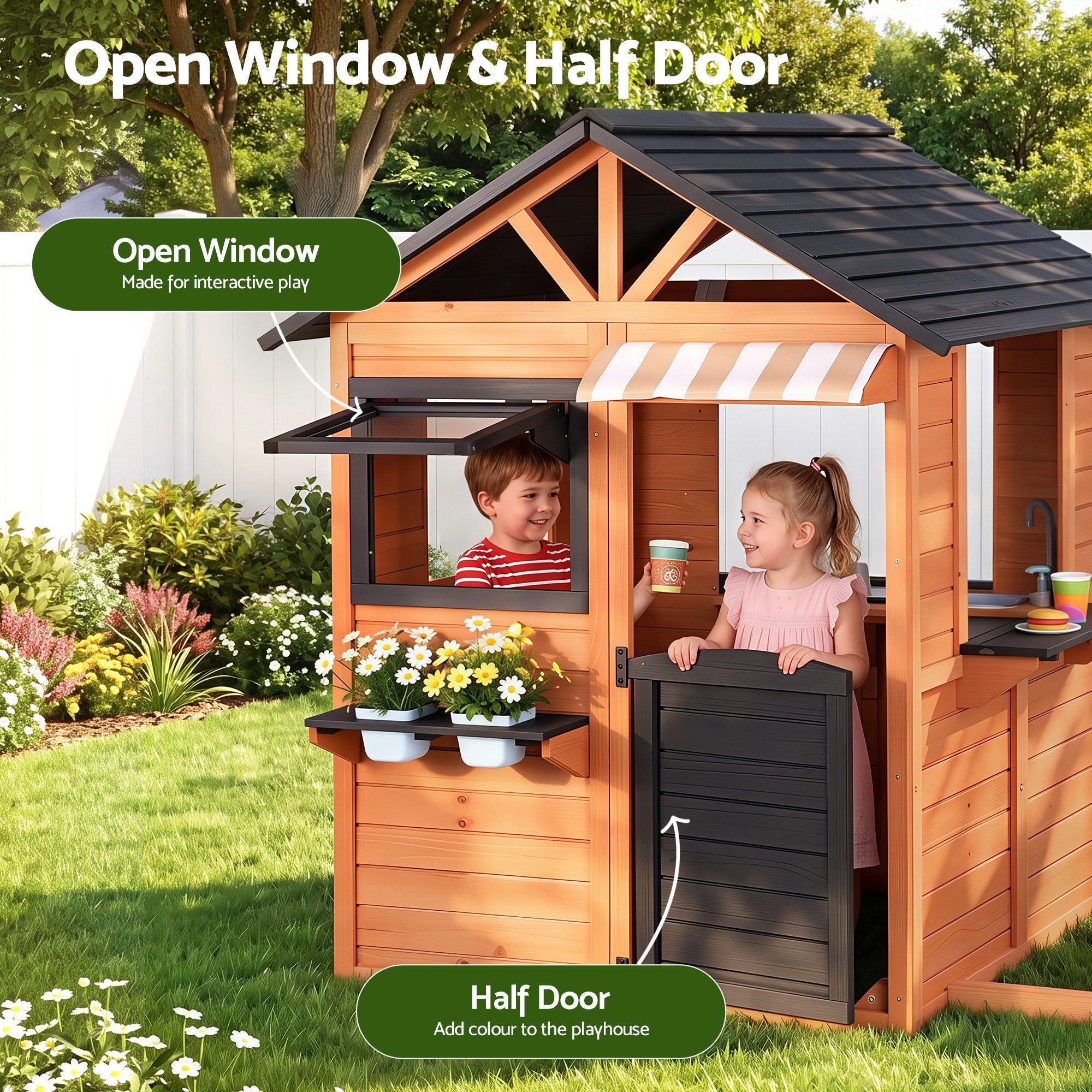 Kids Pretend Kitchen Wooden Cubby House Outdoor Playhouse Side Bench
