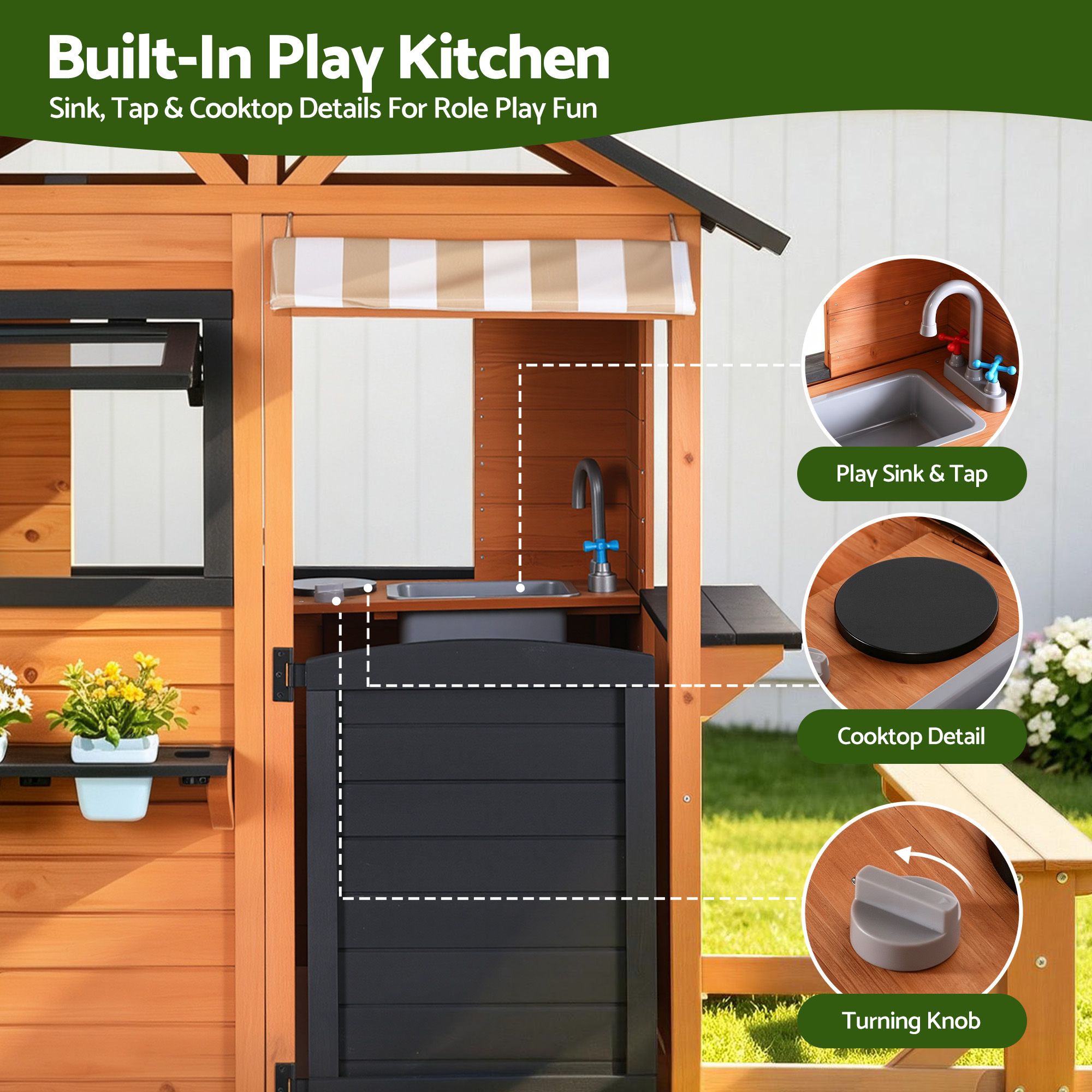 Kids Pretend Kitchen Wooden Cubby House Outdoor Playhouse Side Bench