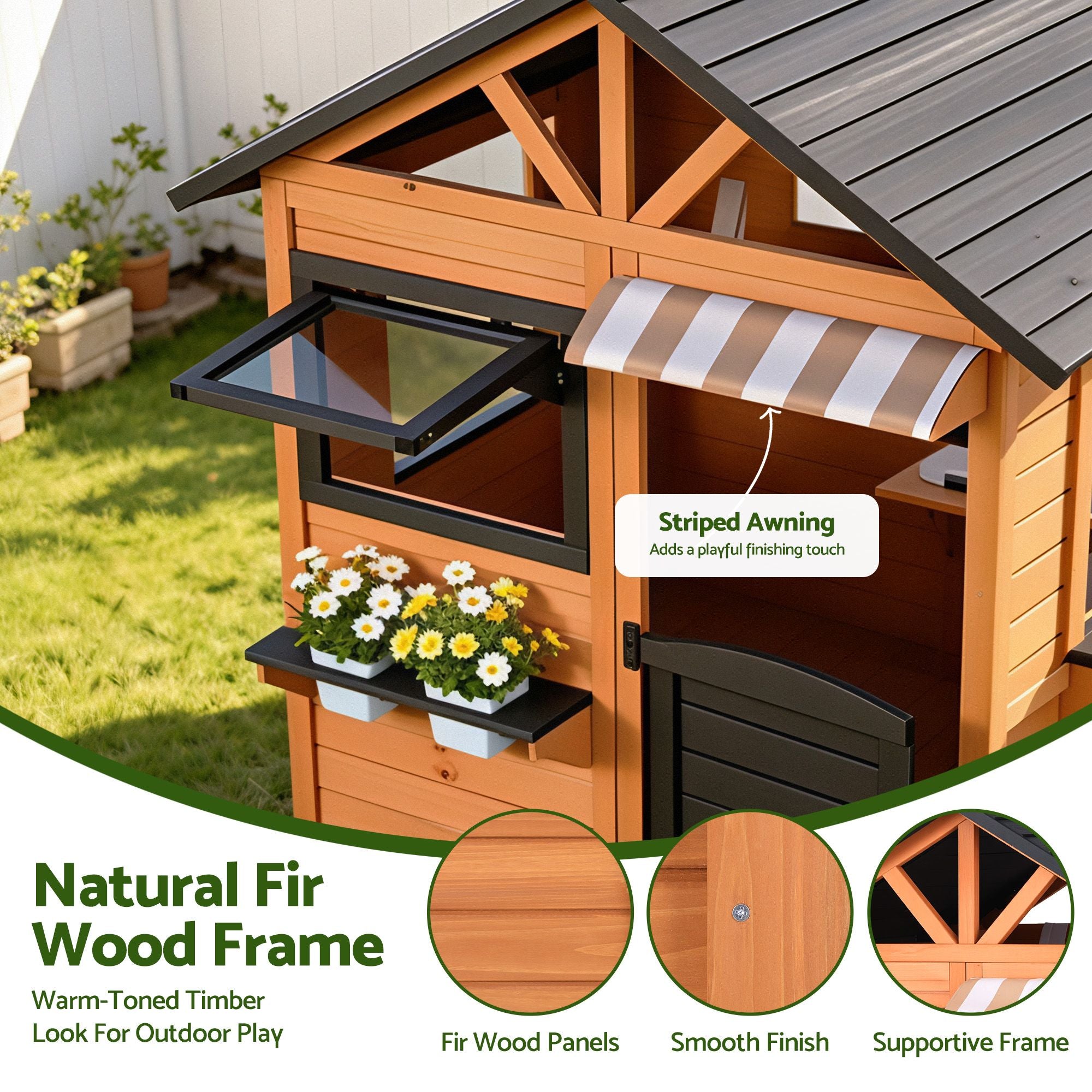Kids Pretend Kitchen Wooden Cubby House Outdoor Playhouse Side Bench