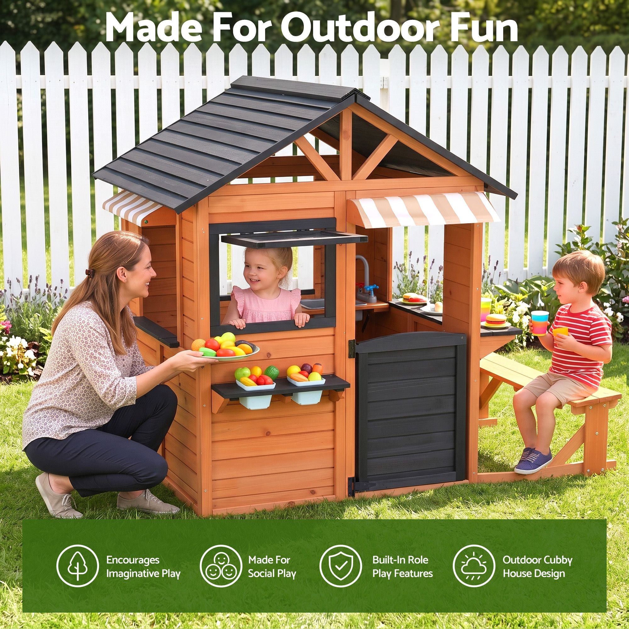 Kids Pretend Kitchen Wooden Cubby House Outdoor Playhouse Side Bench