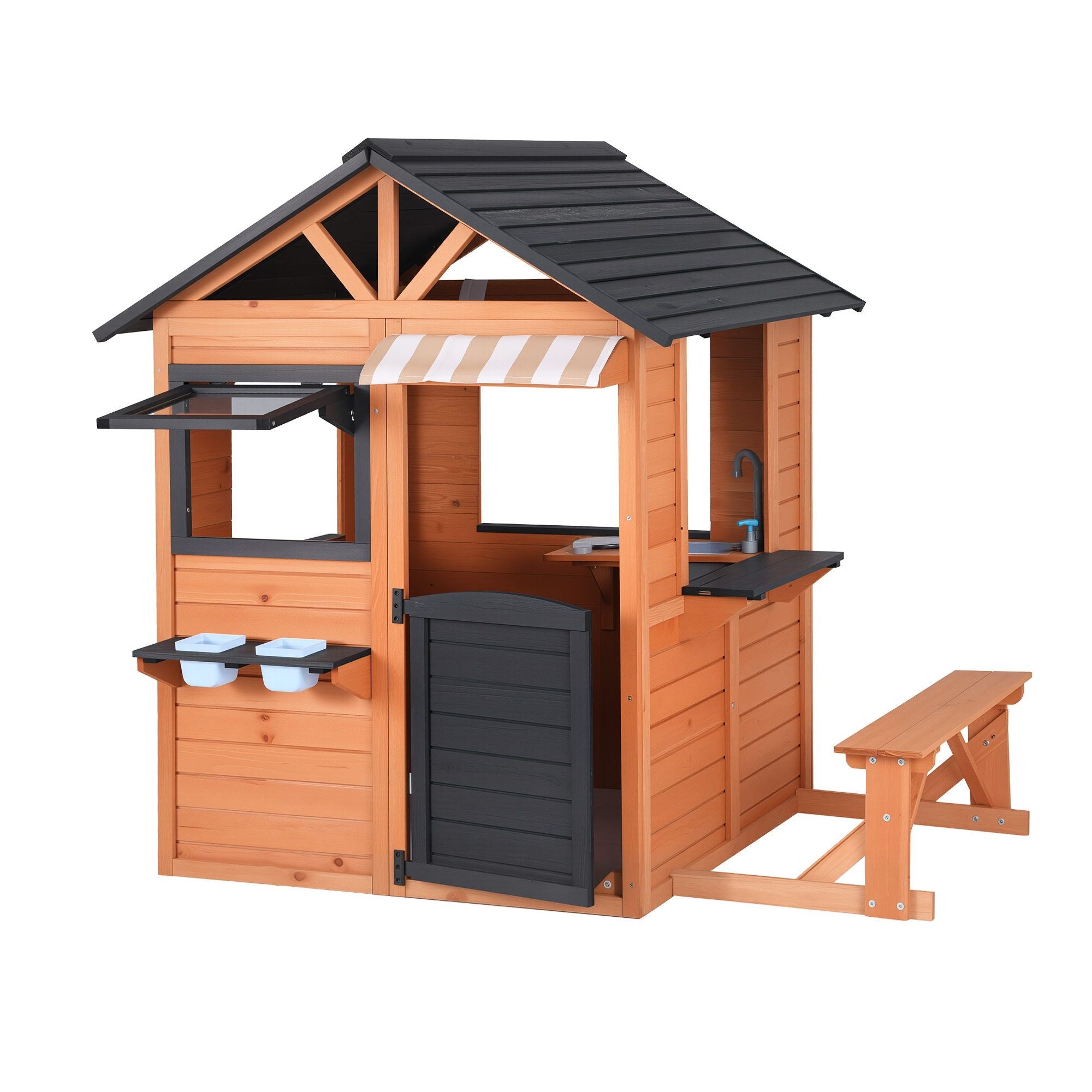 Kids Pretend Kitchen Wooden Cubby House Outdoor Playhouse Side Bench