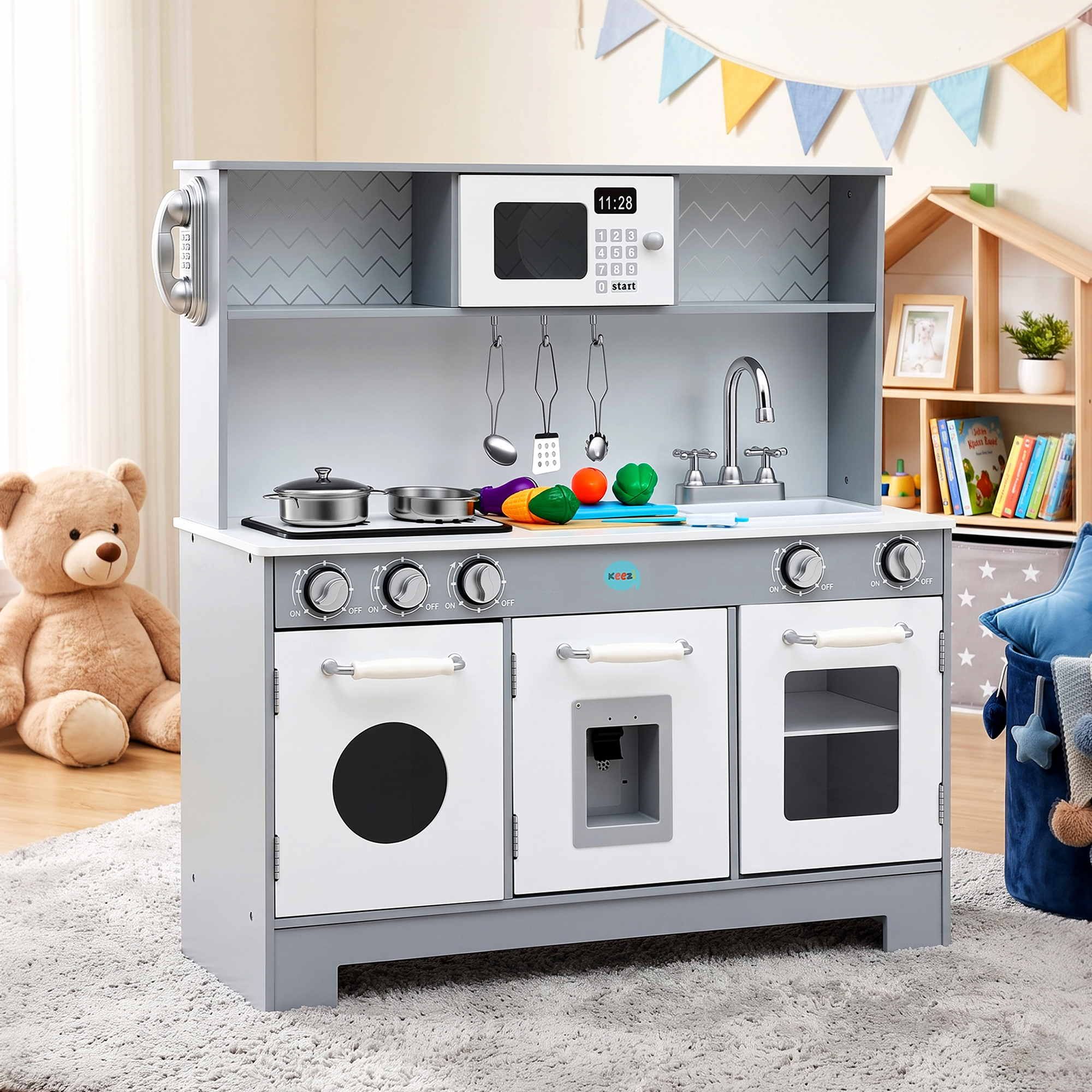 Wooden Play Kitchen Pretend Kitchen 82cm Kids Toy Food Set Grey