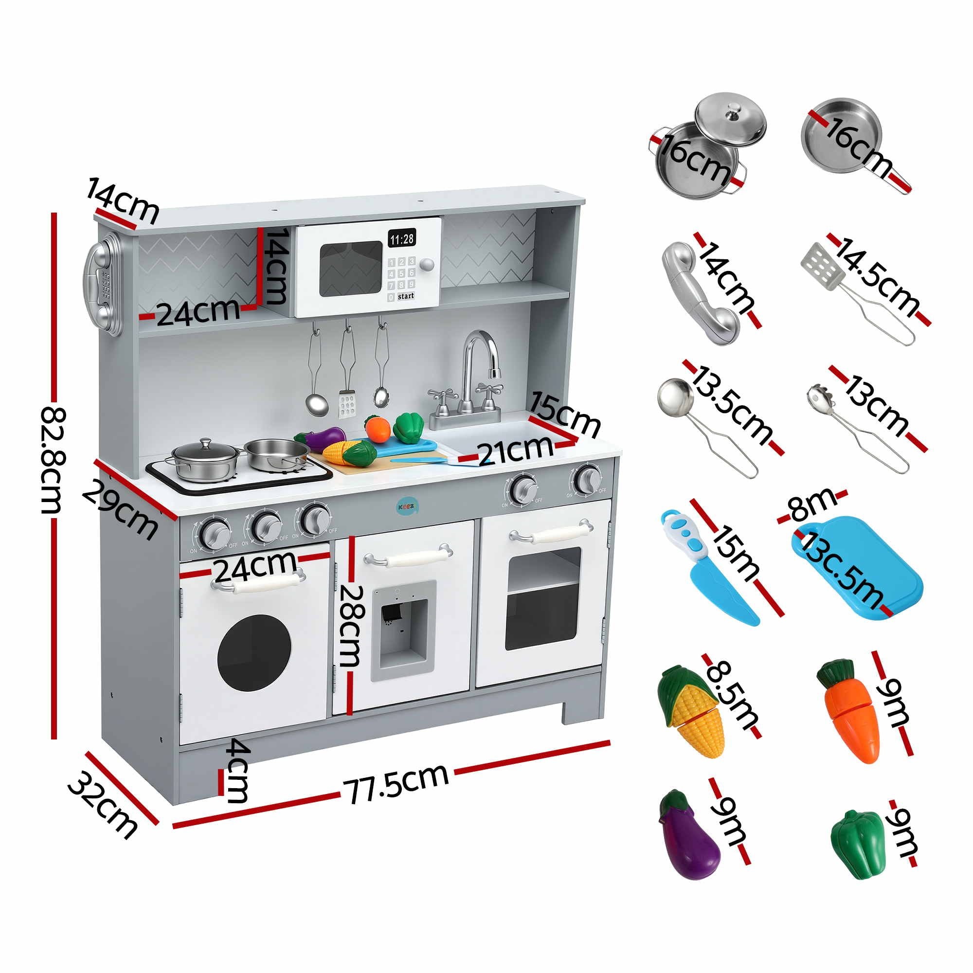 Wooden Play Kitchen Pretend Kitchen 82cm Kids Toy Food Set Grey