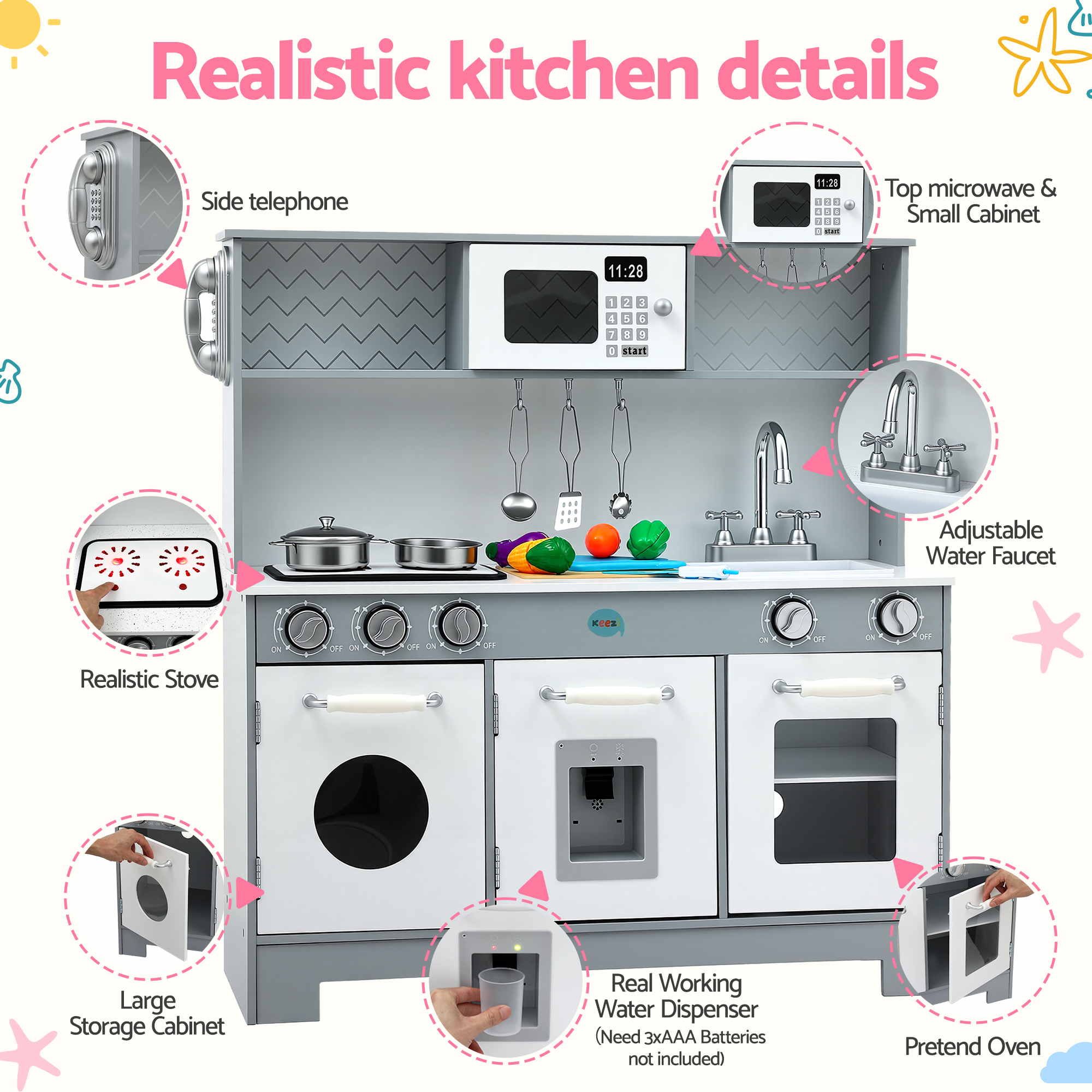 Wooden Play Kitchen Pretend Kitchen 82cm Kids Toy Food Set Grey