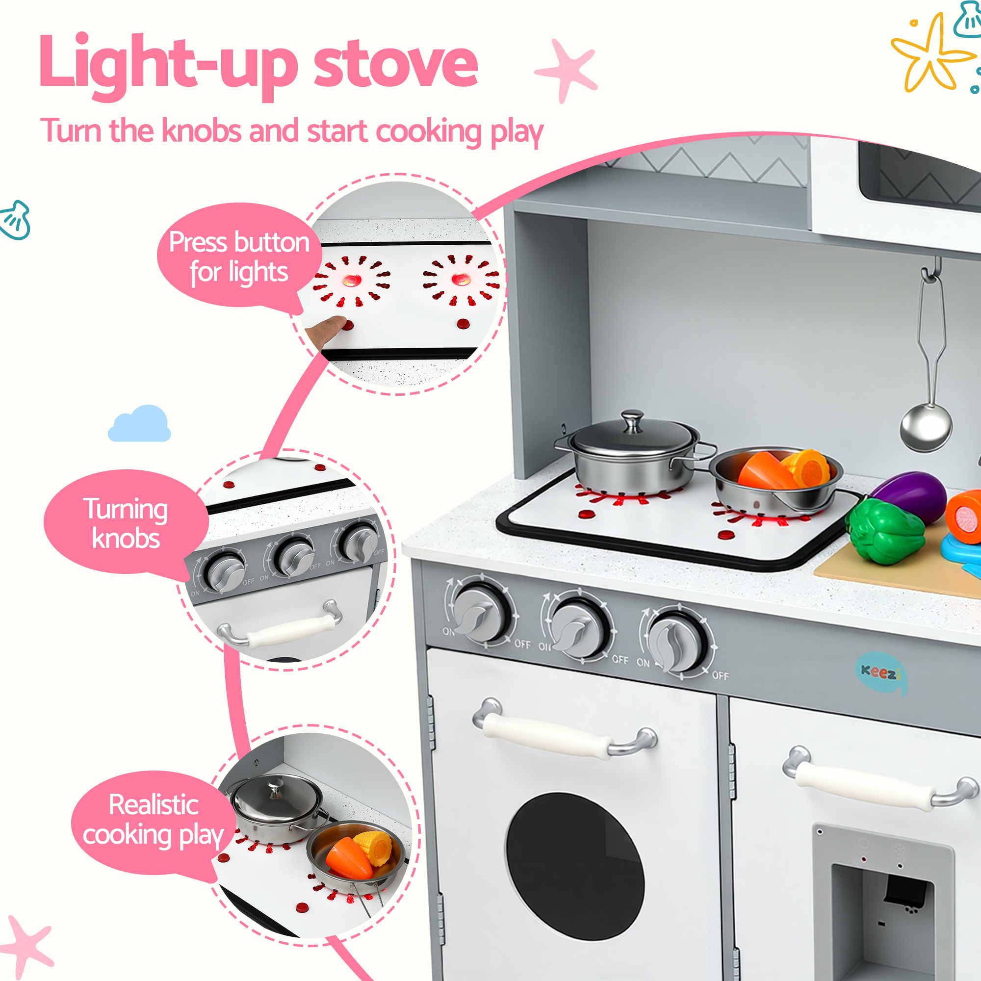 Wooden Play Kitchen Pretend Kitchen 82cm Kids Toy Food Set Grey