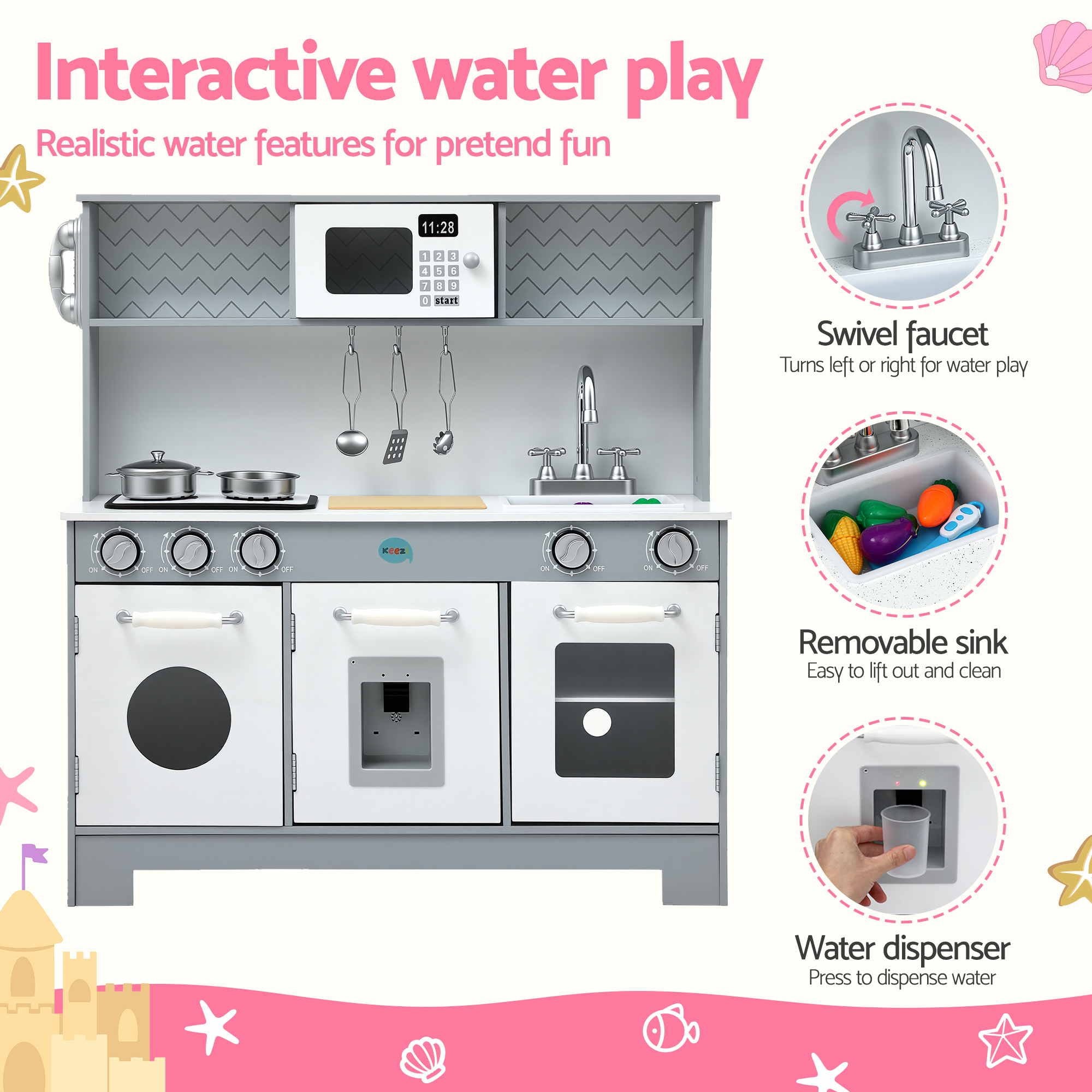 Wooden Play Kitchen Pretend Kitchen 82cm Kids Toy Food Set Grey