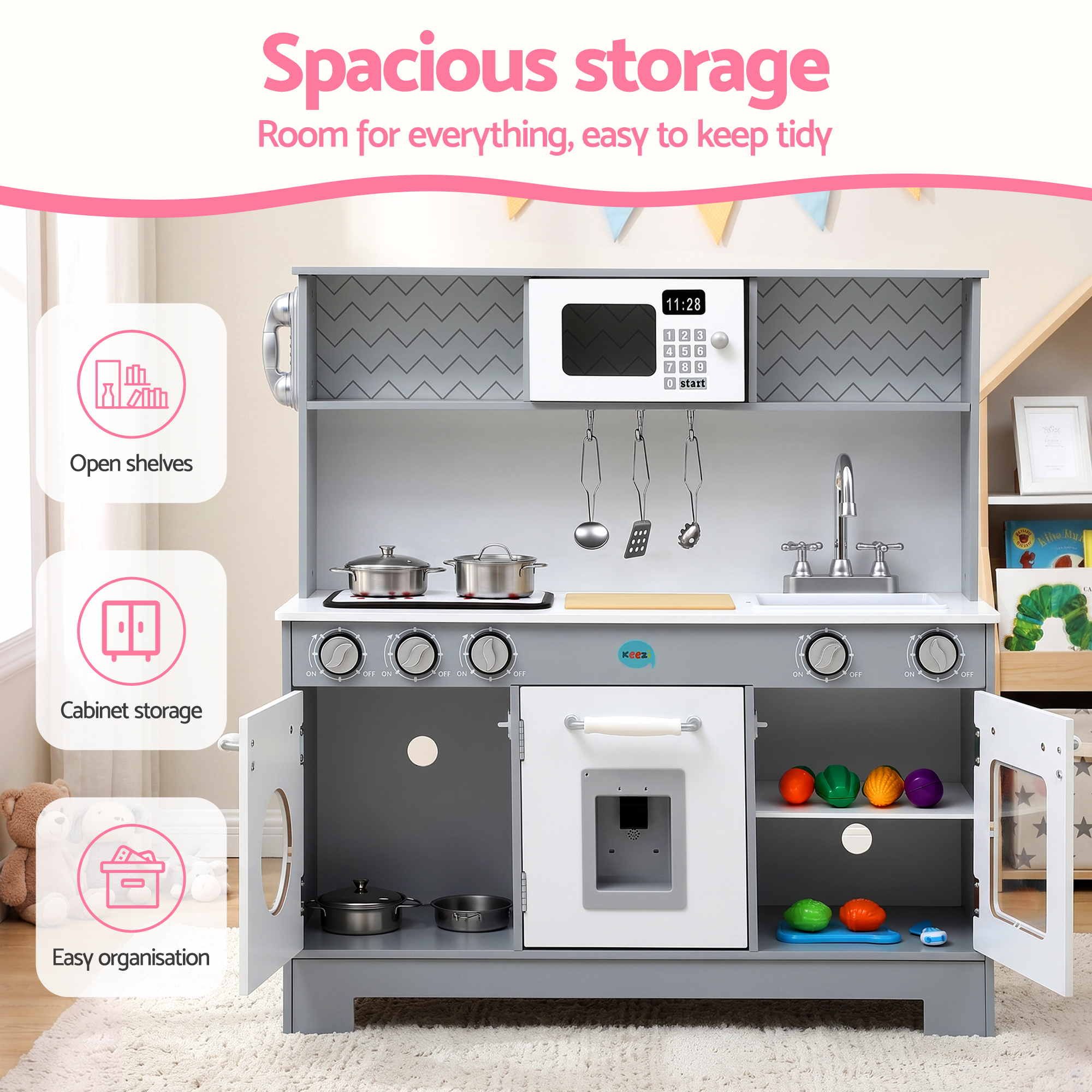 Wooden Play Kitchen Pretend Kitchen 82cm Kids Toy Food Set Grey