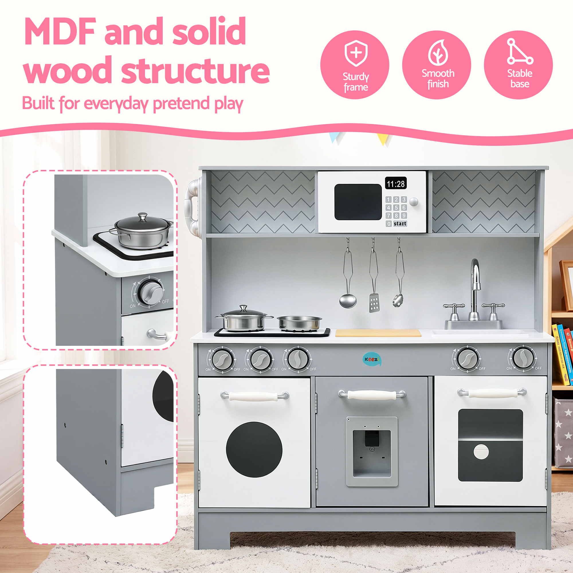 Wooden Play Kitchen Pretend Kitchen 82cm Kids Toy Food Set Grey