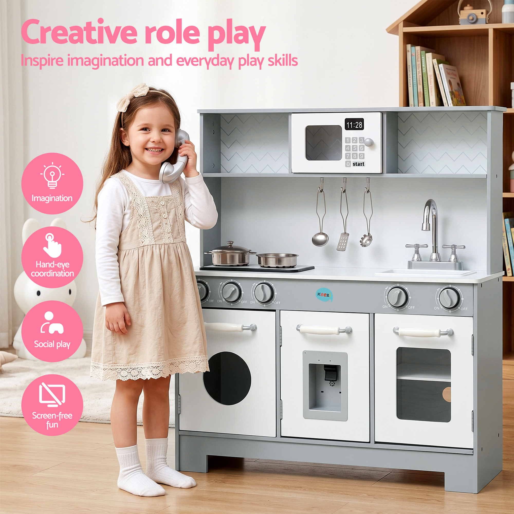 Wooden Play Kitchen Pretend Kitchen 82cm Kids Toy Food Set Grey