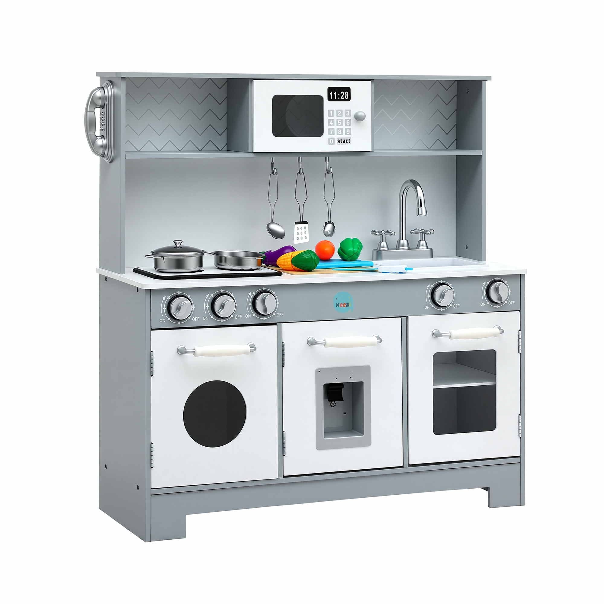 Wooden Play Kitchen Pretend Kitchen 82cm Kids Toy Food Set Grey