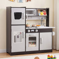 Kids Play Kitchen Pretend Toy Kitchen with 29-Piece Wooden Play Food Set - Dark Brown and Silver