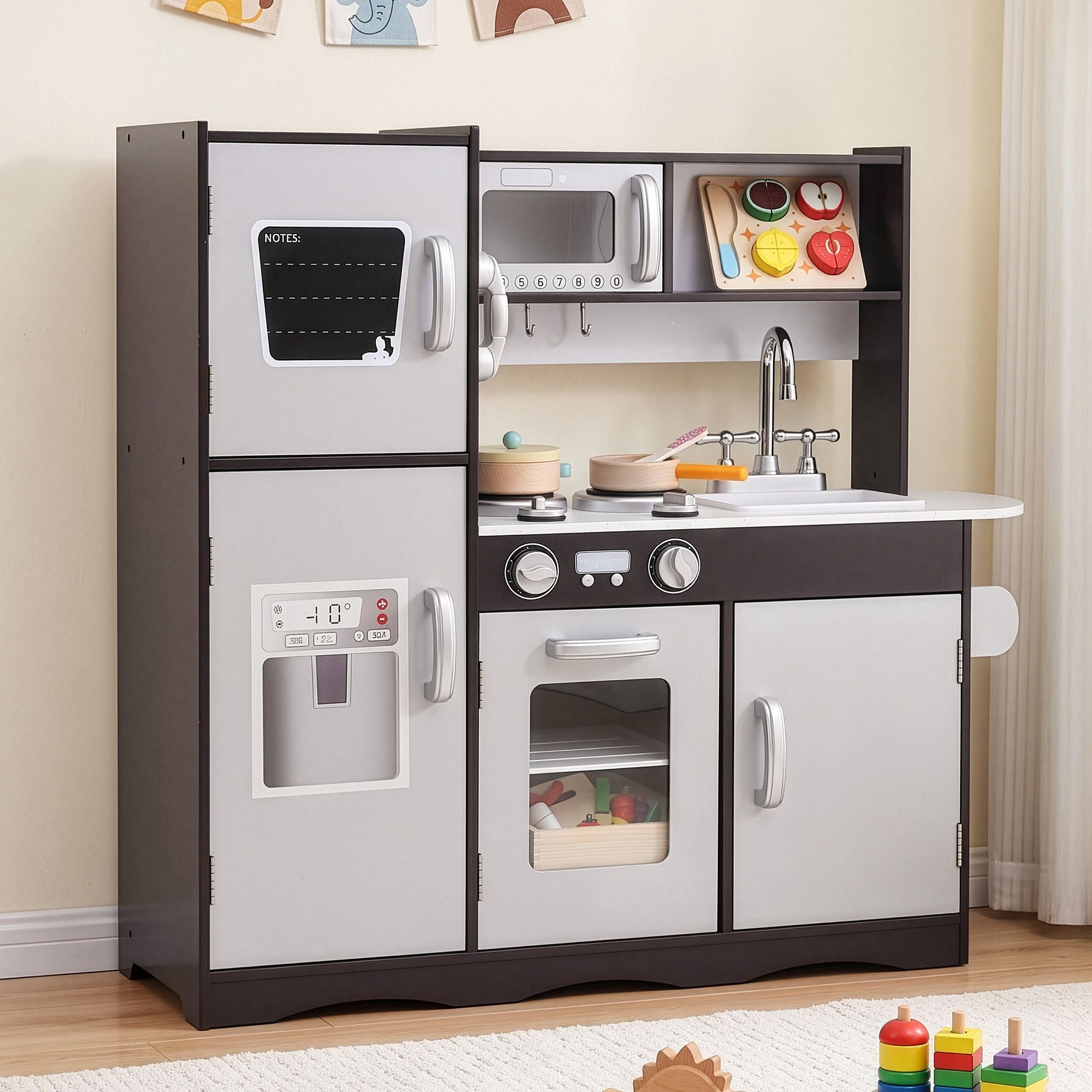 Kids Play Kitchen Pretend Toy Kitchen with 29-Piece Wooden Play Food Set - Dark Brown and Silver