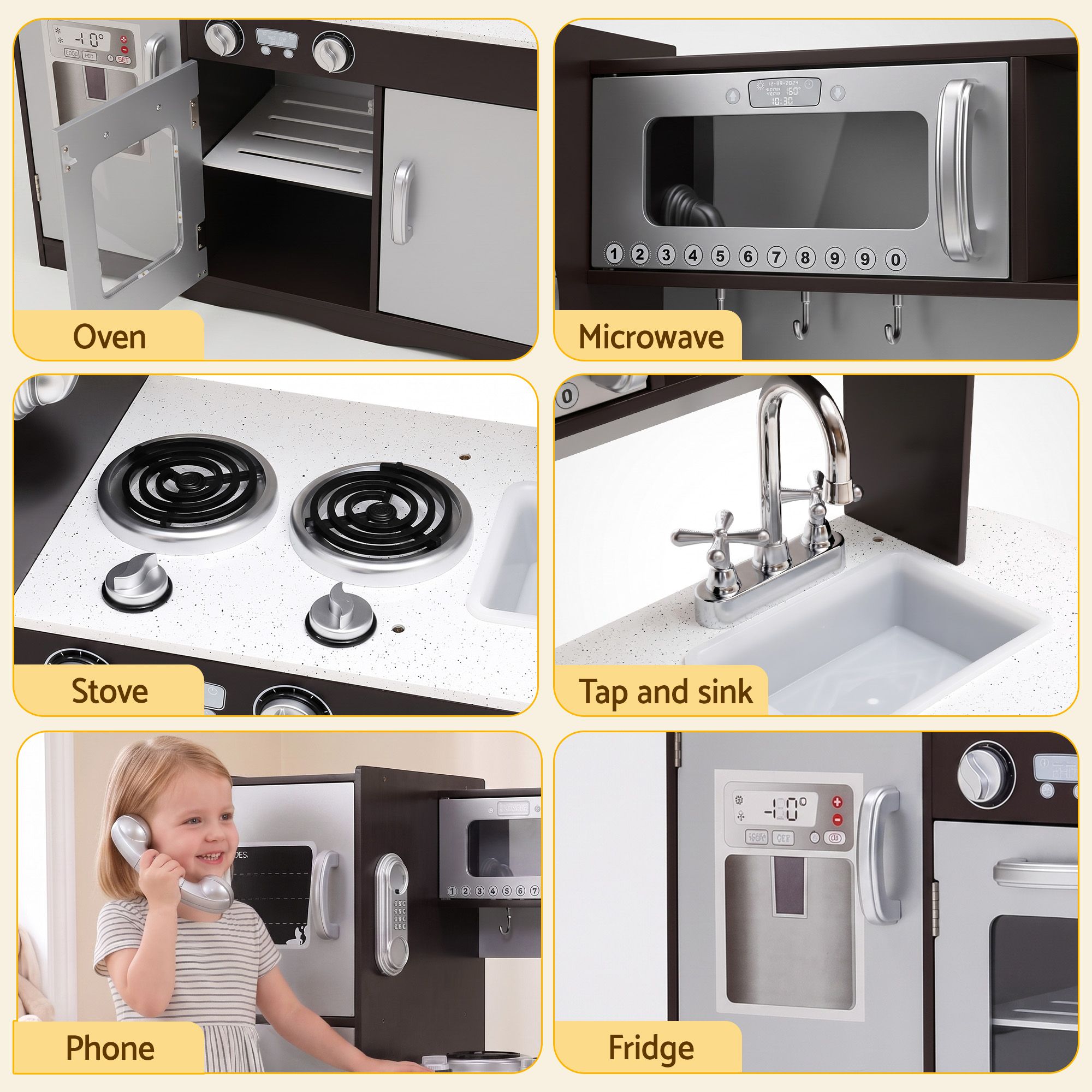 Kids Play Kitchen Pretend Toy Kitchen with 29-Piece Wooden Play Food Set - Dark Brown and Silver