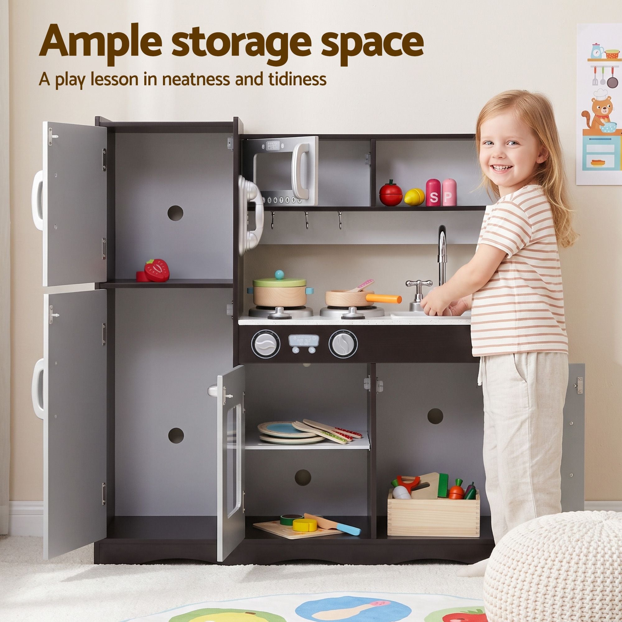 Kids Play Kitchen Pretend Toy Kitchen with 29-Piece Wooden Play Food Set - Dark Brown and Silver