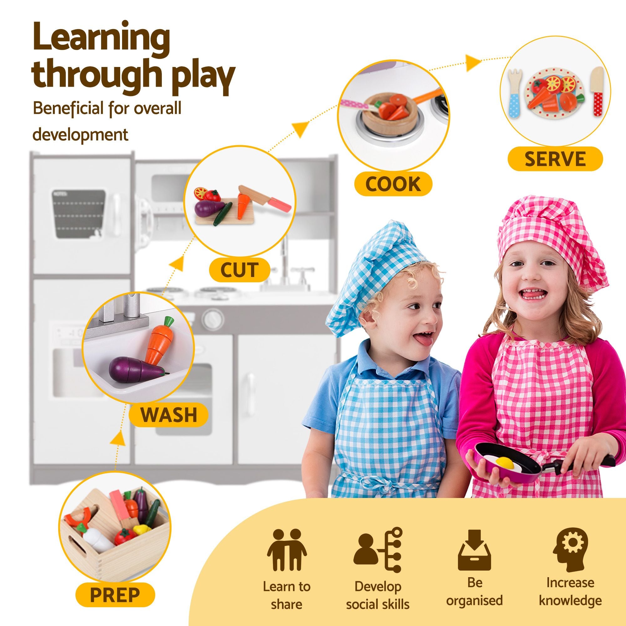 Kids Play Kitchen Pretend Toy Kitchen with 29-Piece Wooden Play Food Set - Dark Brown and Silver