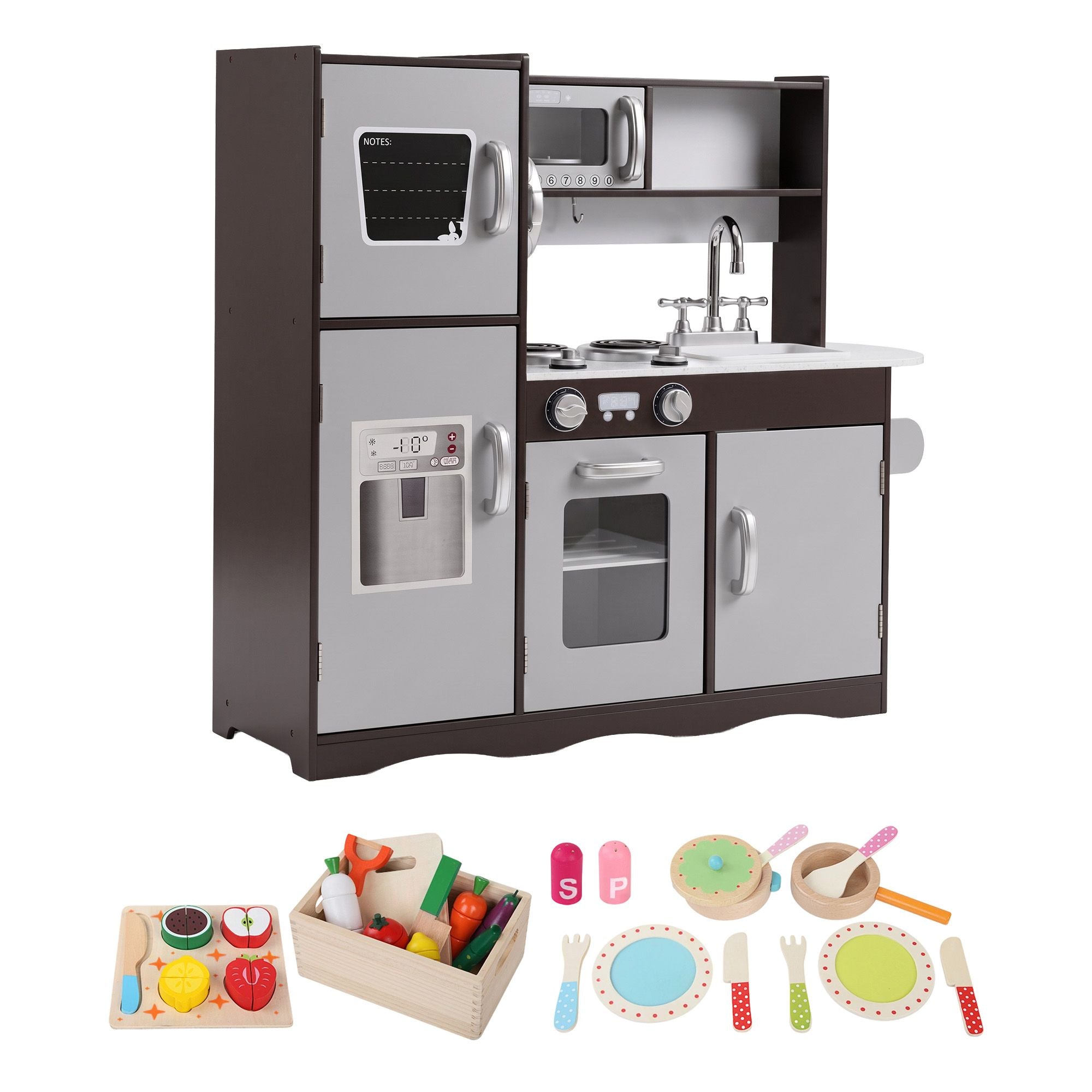 Kids Play Kitchen Pretend Toy Kitchen with 29-Piece Wooden Play Food Set - Dark Brown and Silver