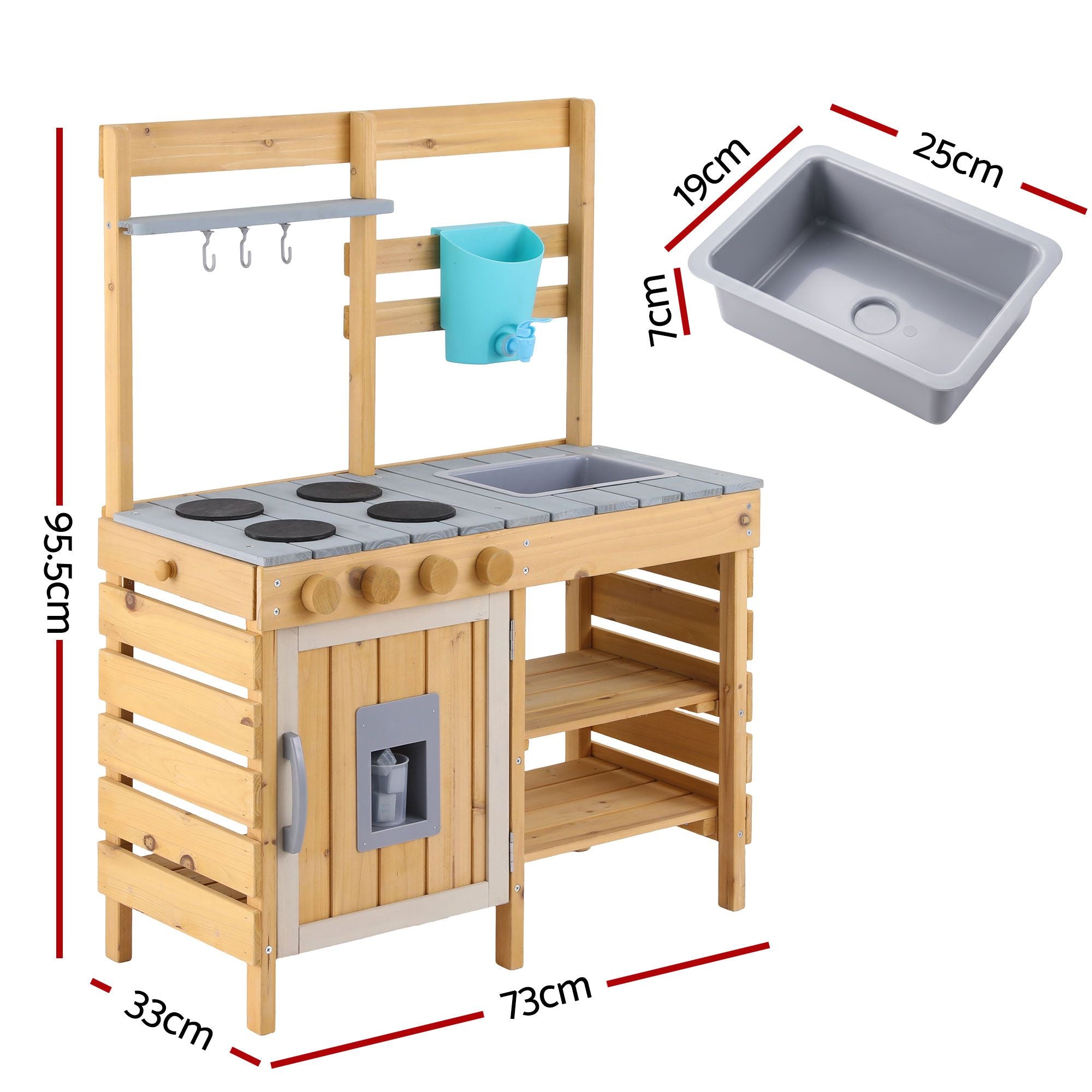 Kids Wooden Kitchen Playset 95cm Tall with Faucet, Basin, Knobs and Storage - Natural Grey Blue
