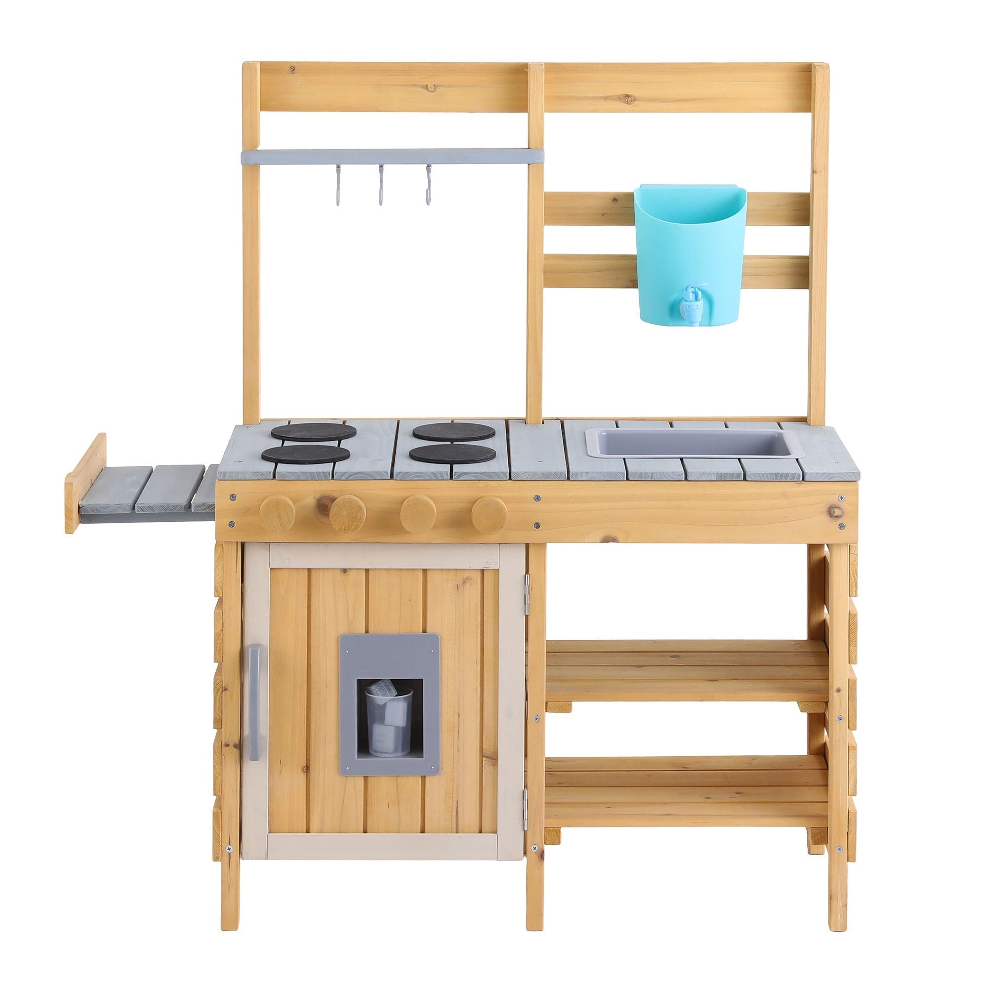 Kids Wooden Kitchen Playset 95cm Tall with Faucet, Basin, Knobs and Storage - Natural Grey Blue